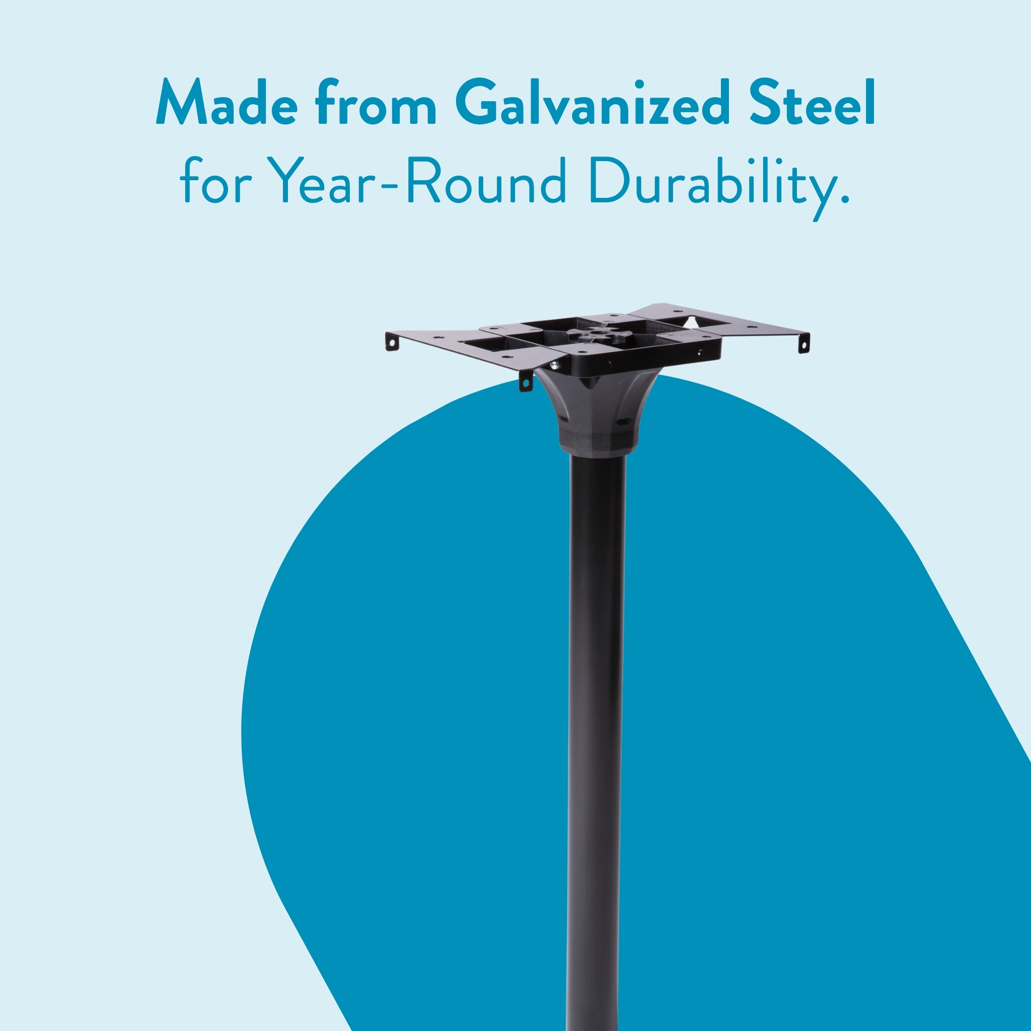 Tall black metal stand with a mounting plate on top, set against a light blue background with a dark blue curved shape.