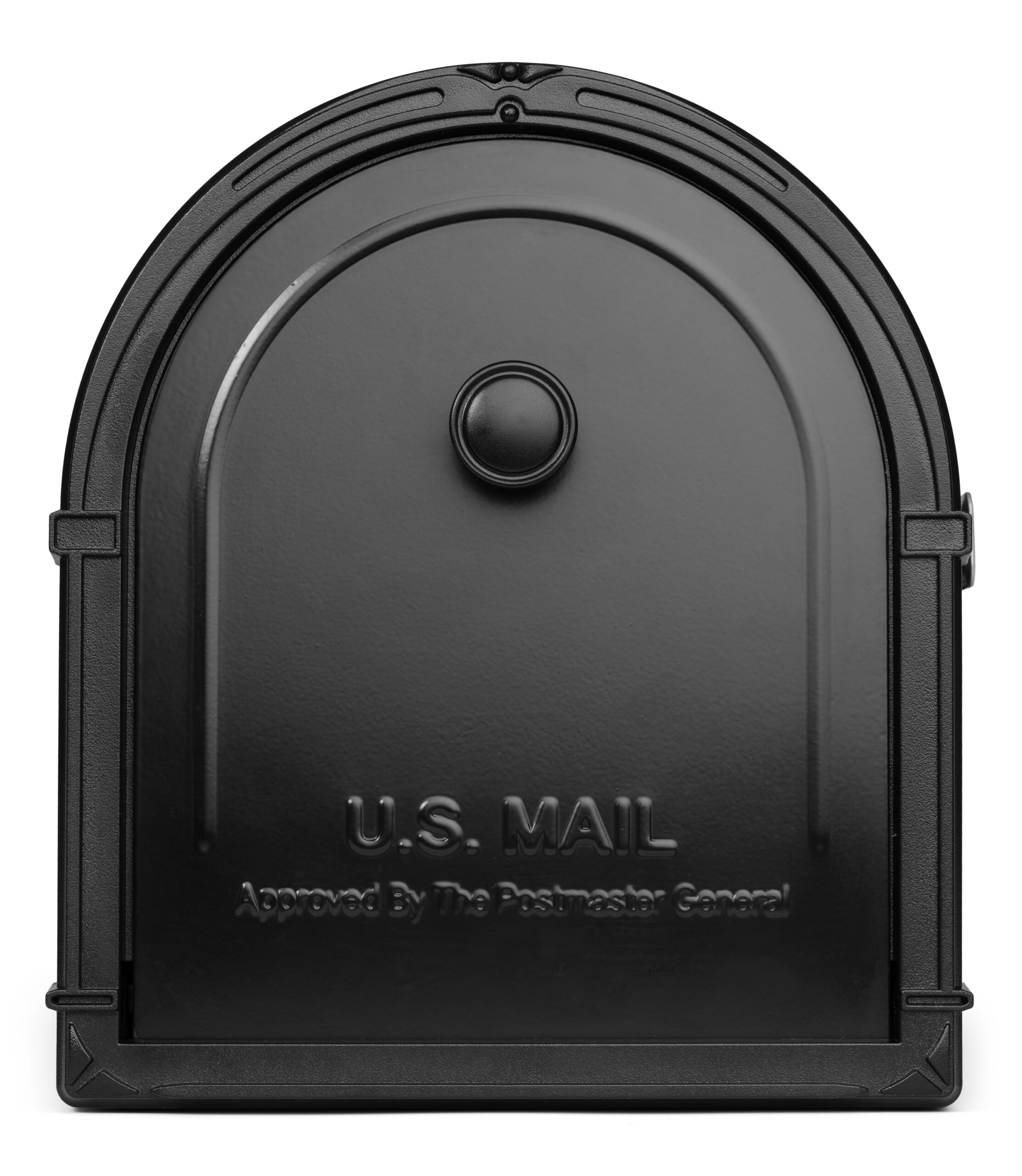 Black U.S. Mail mailbox with a rounded top and embossed 'U.S. MAIL' on the door.