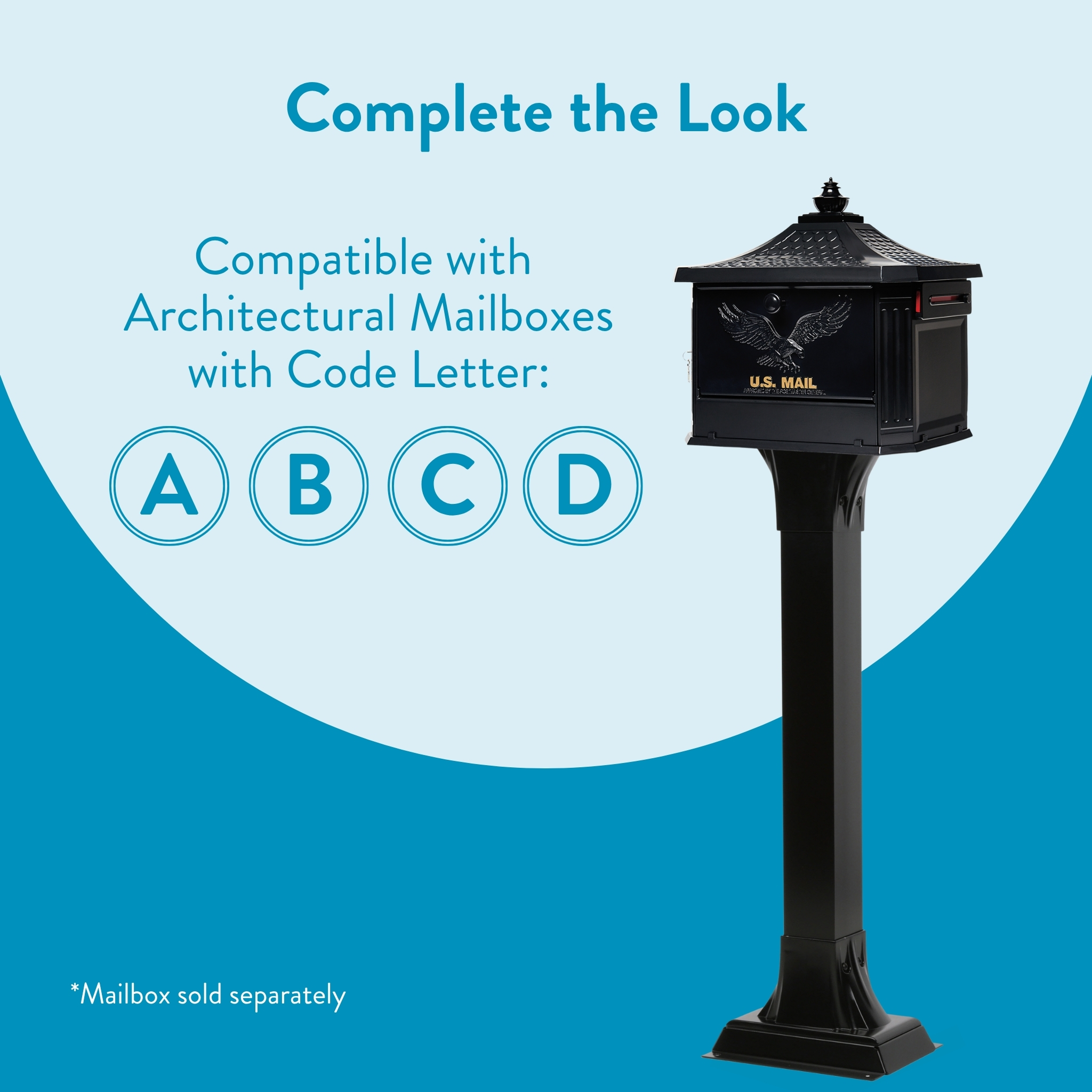 Promotional banner for Architectural Mailboxes; black mailbox on a pedestal with blue A–D circles and the text 'Complete the Look'.