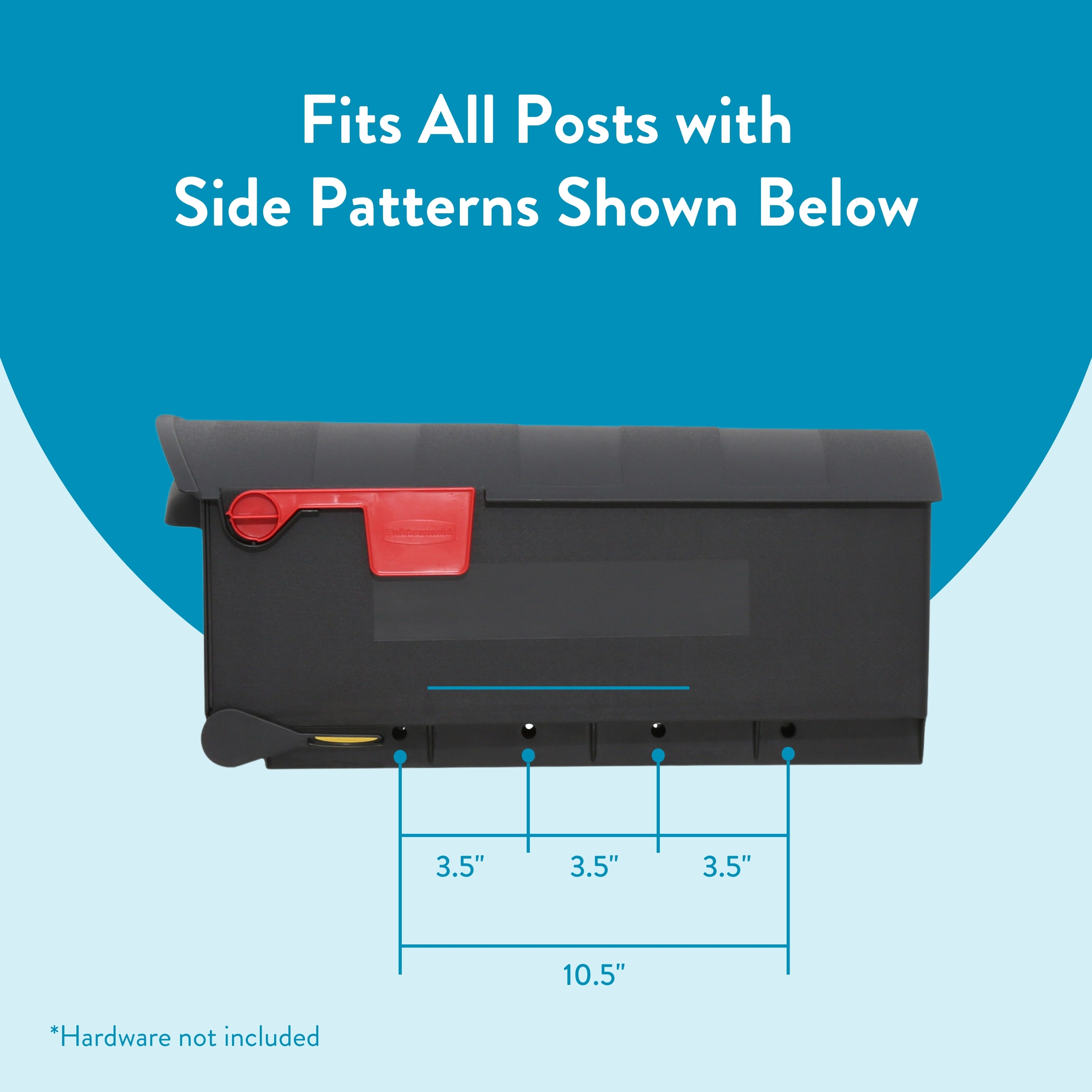 Infographic showing a storage case with side pattern measurements: three 3.5" sections totaling 10.5" (hardware not included).