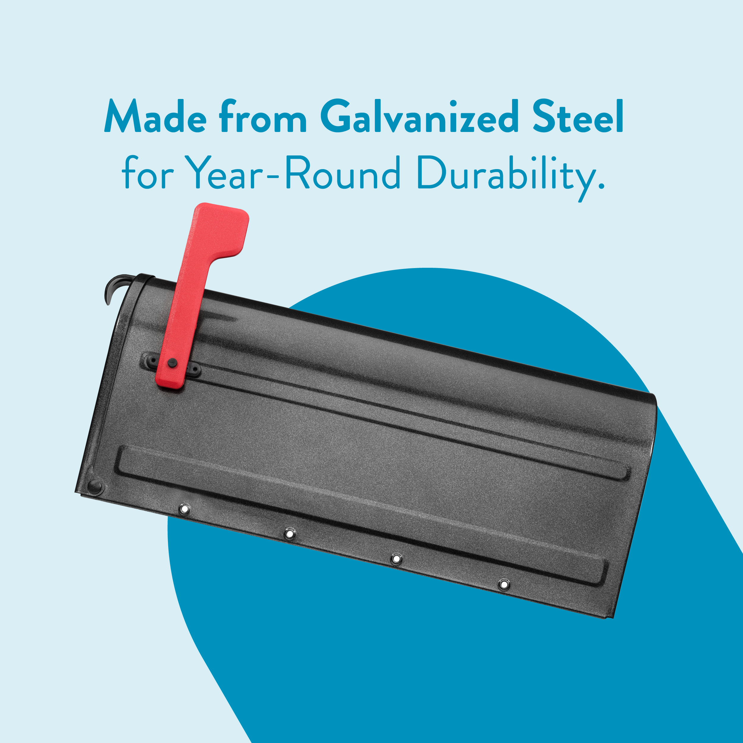 Metal stapler with a red handle on a pale blue background featuring a bold slogan: Made from Galvanized Steel for Year-Round Durability.