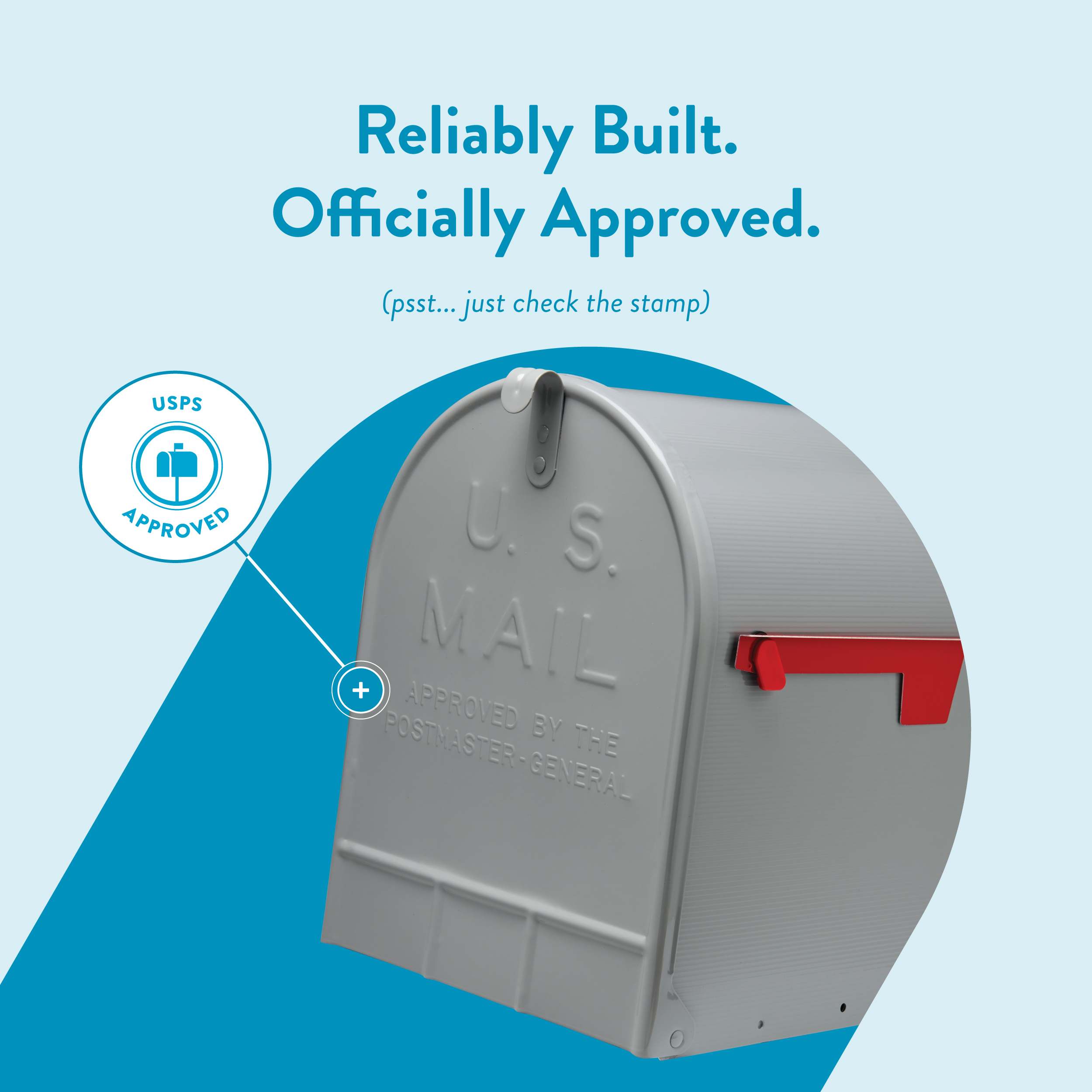 Gray USPS mailbox with a red flag on a blue curved backdrop, featuring the slogan 'Reliably Built. Officially Approved.' and a USPS Approved badge.