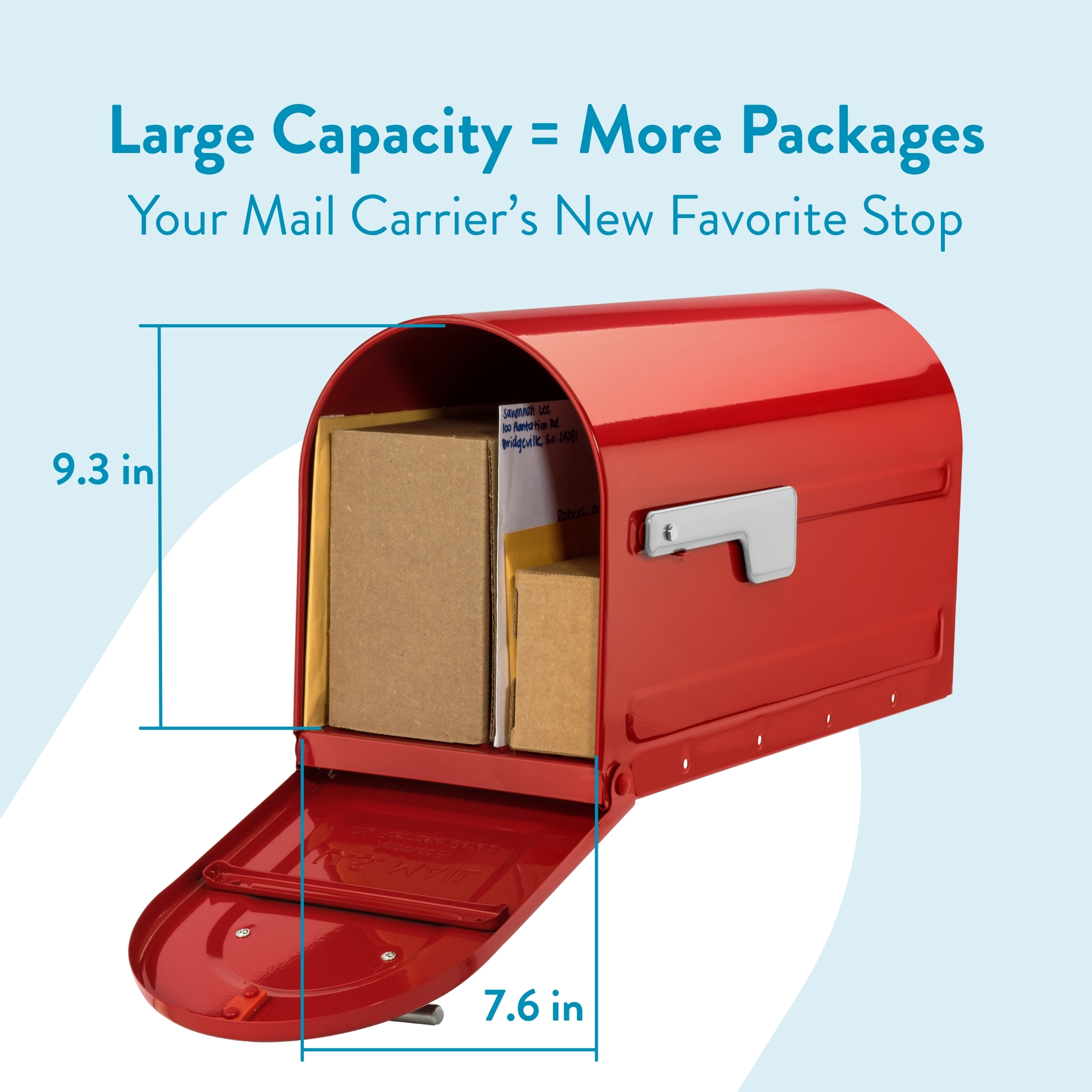 Red curbside mailbox open with packed boxes inside, illustrating large capacity for mail and parcels (9.3 in high, 7.6 in wide).
