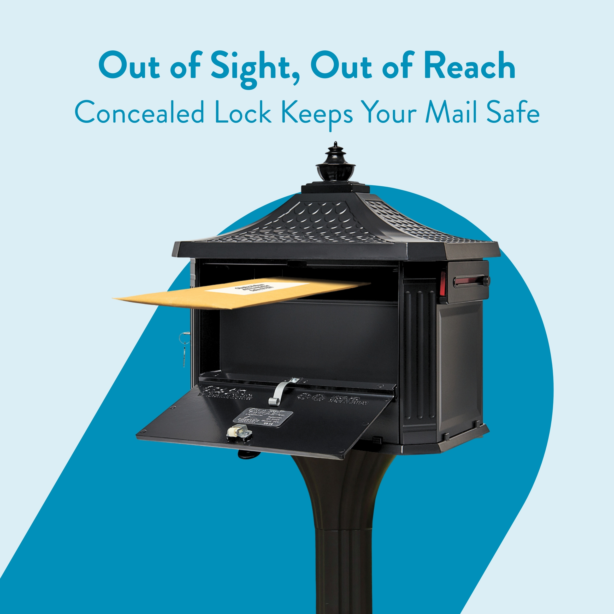 Black post-mounted mailbox with a letter halfway inserted, emphasizing a concealed lock for mail safety against a blue background.