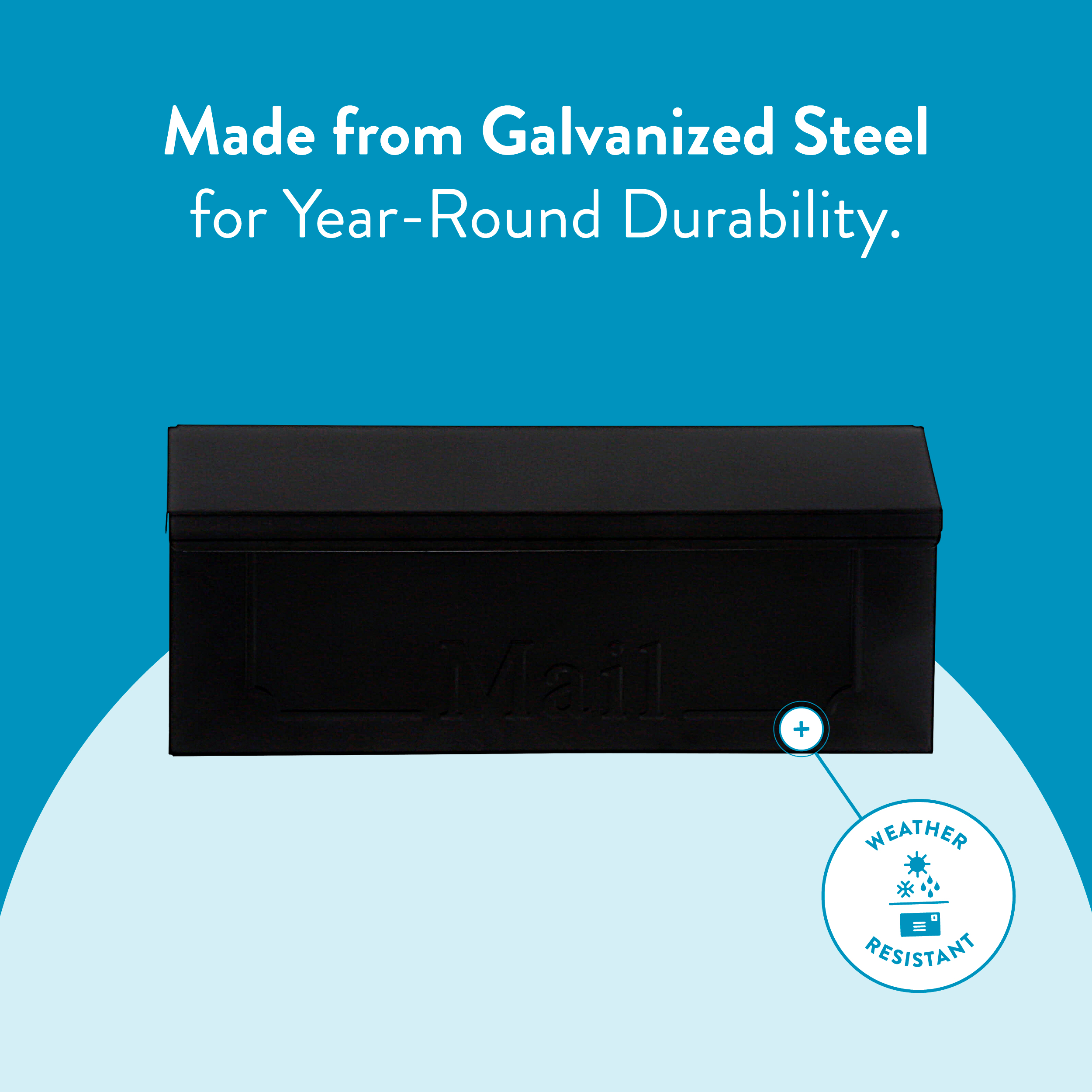 Black galvanized-steel mailbox against a blue backdrop, promoting year-round durability with a Weather Resistant badge in the lower-right corner.