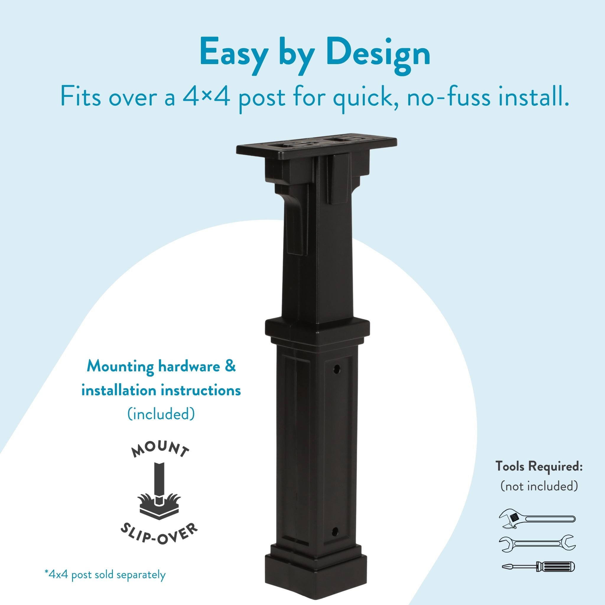 Black post-mount adapter for a 4x4 post; includes mounting hardware and installation instructions.