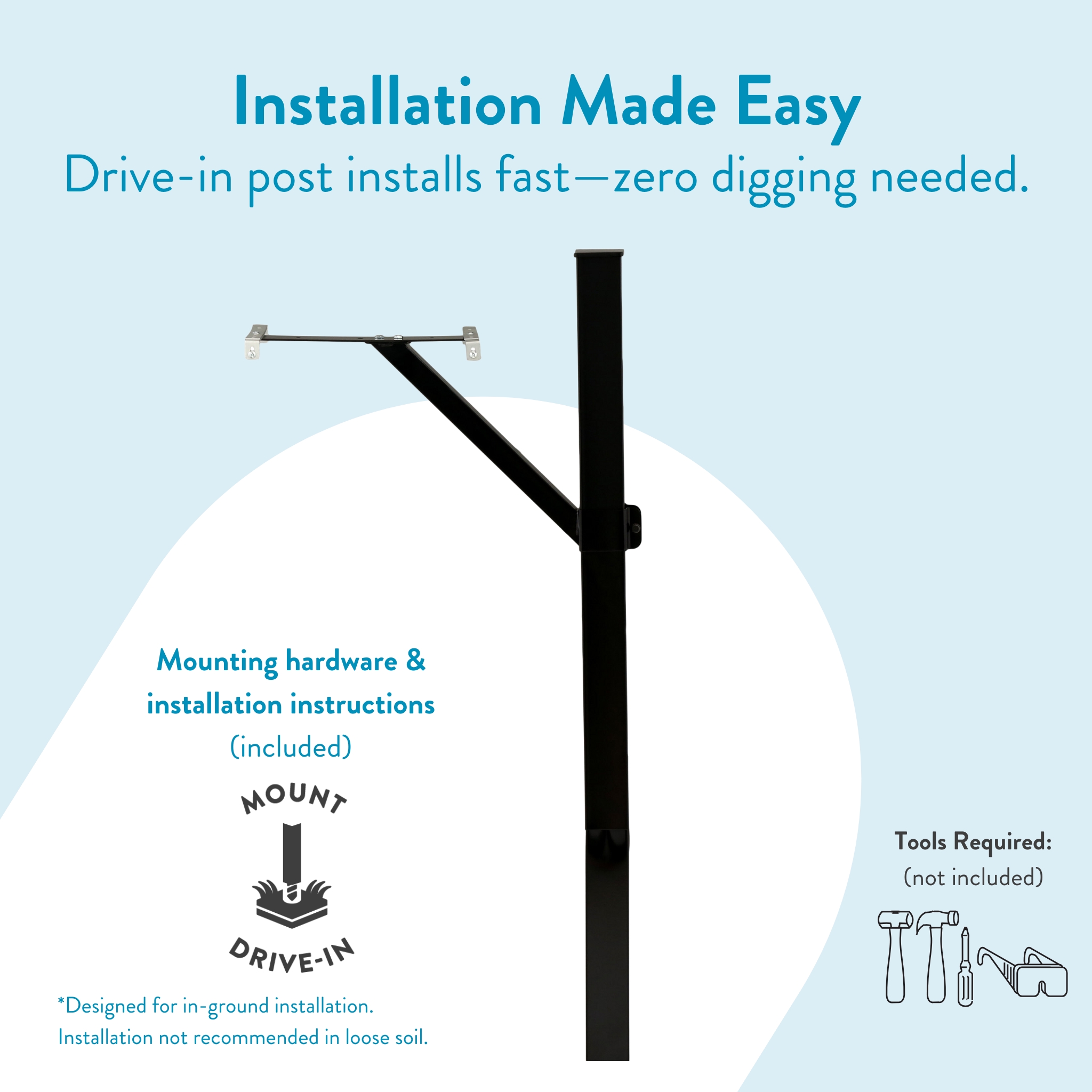 Infographic promoting easy drive-in post installation with a tall black post and arm bracket, noting hardware and instructions are included.