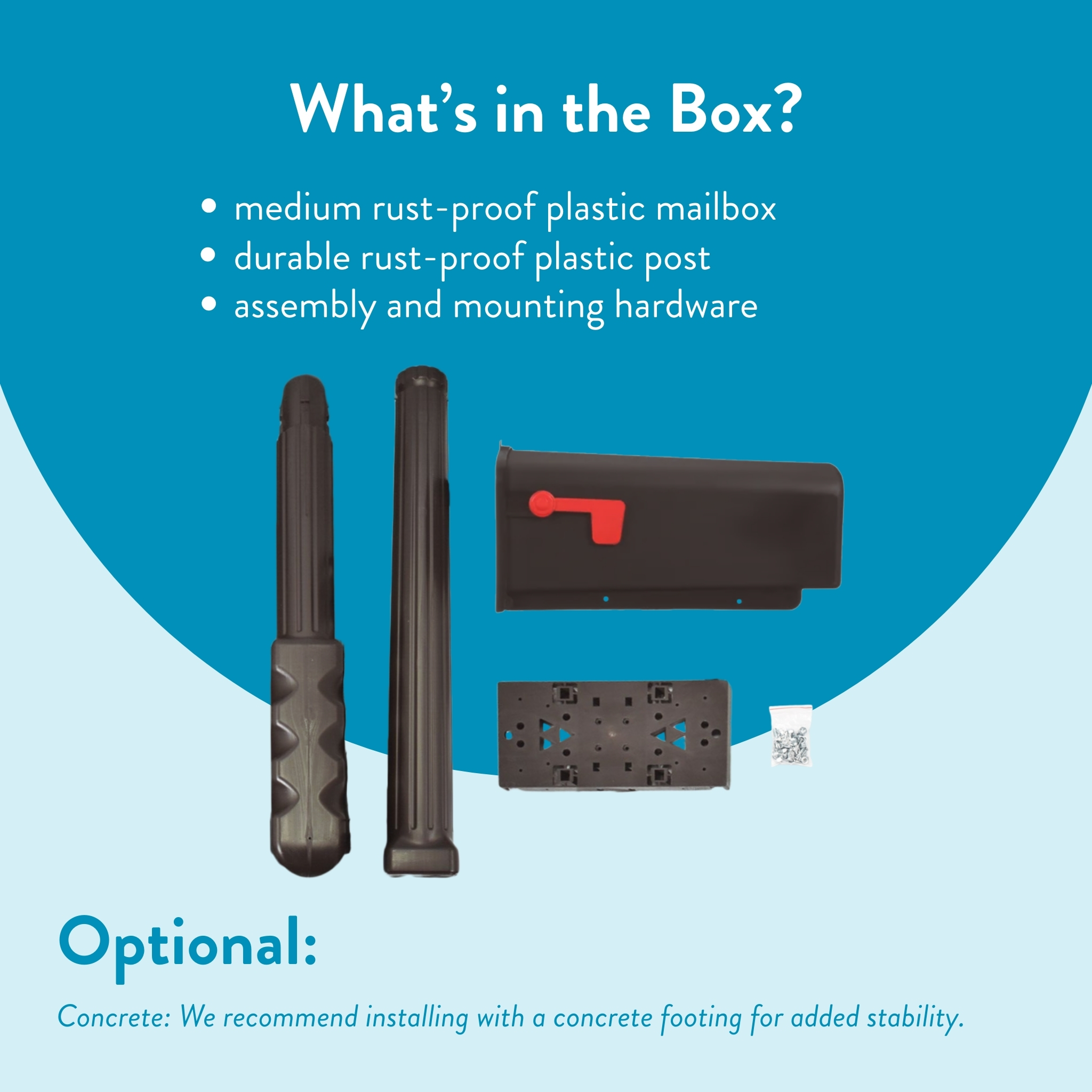 Box contents shown: two tall black posts, a black mailbox, mounting plate, base plate, and a small hardware bag; tools not shown.