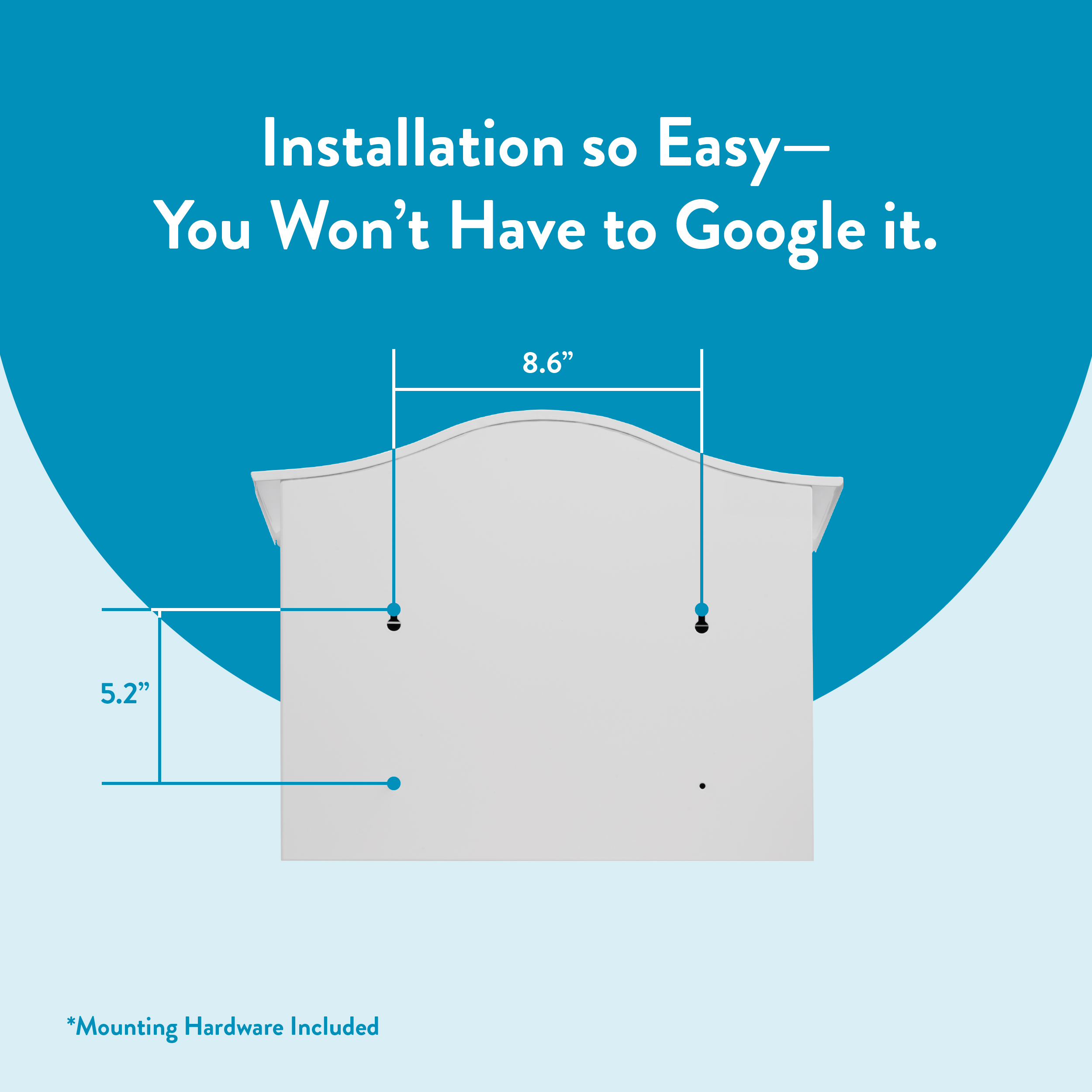 Blue infographic promoting easy installation of a white cabinet; shows 8.6" width, 5.2" height, mounting hardware included.