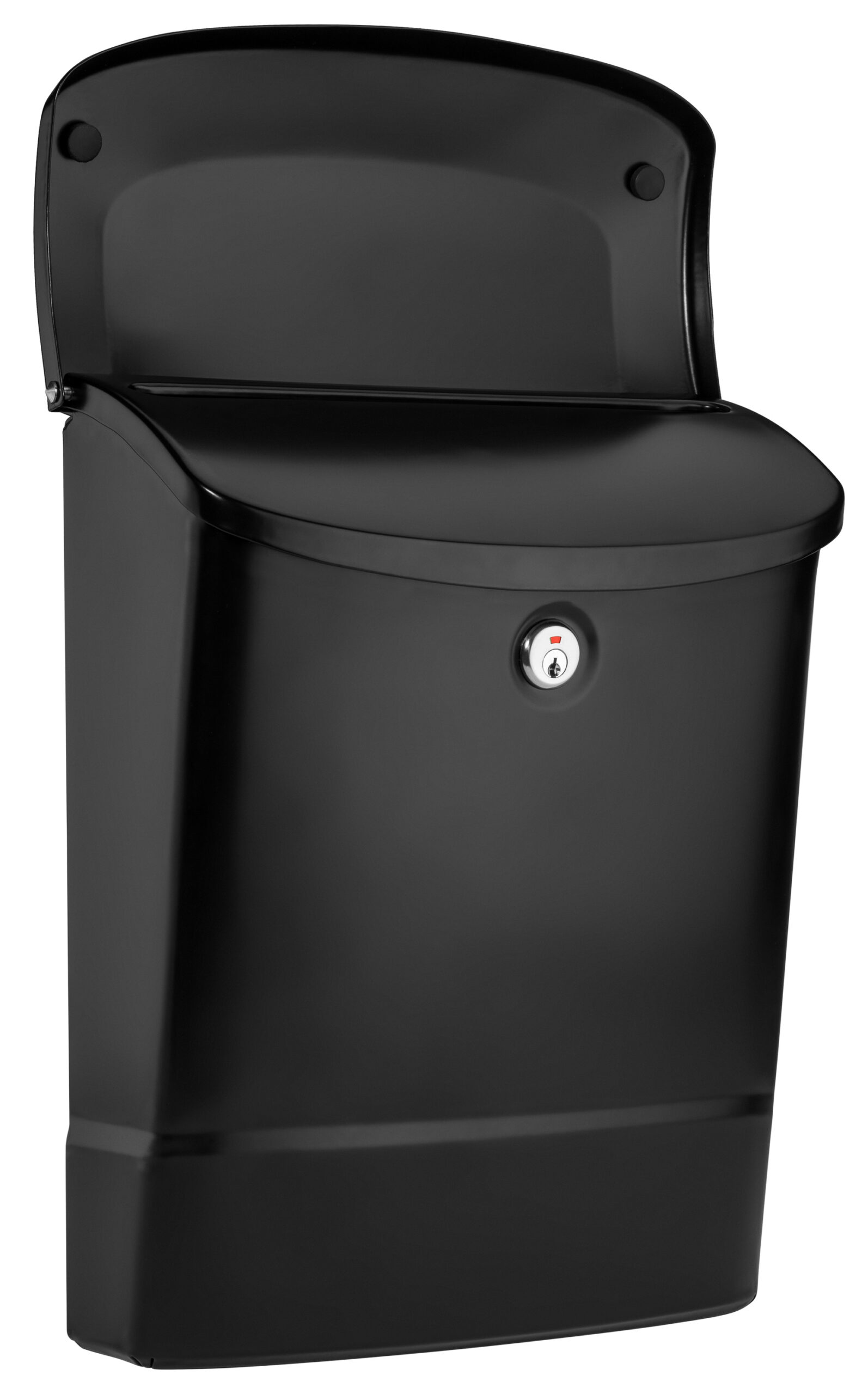 Tall black outdoor trash can with a curved, hinged lid and a small circular lock on the front.