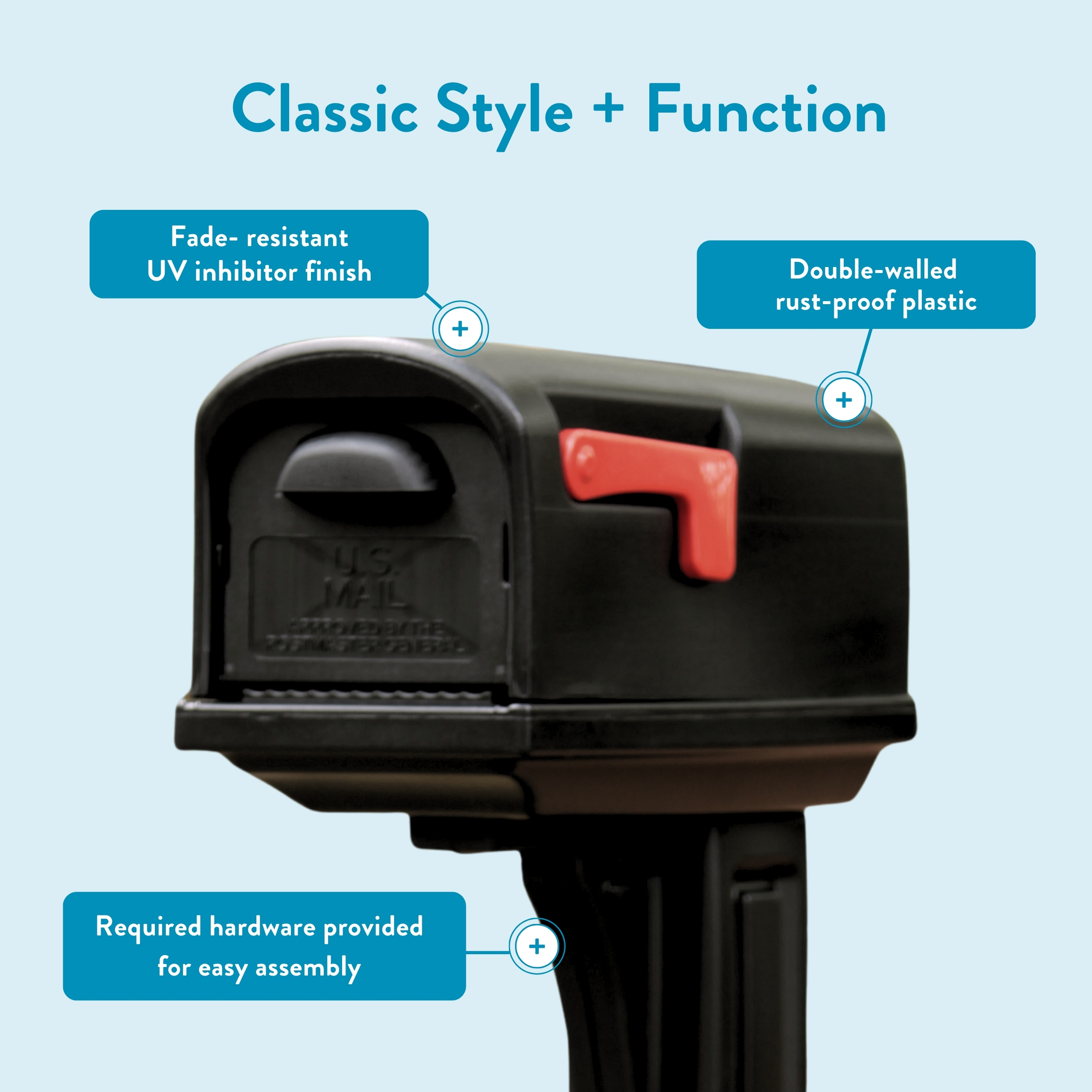 Product image of a black mailbox on a post with a red lever, marketed for classic style and function.