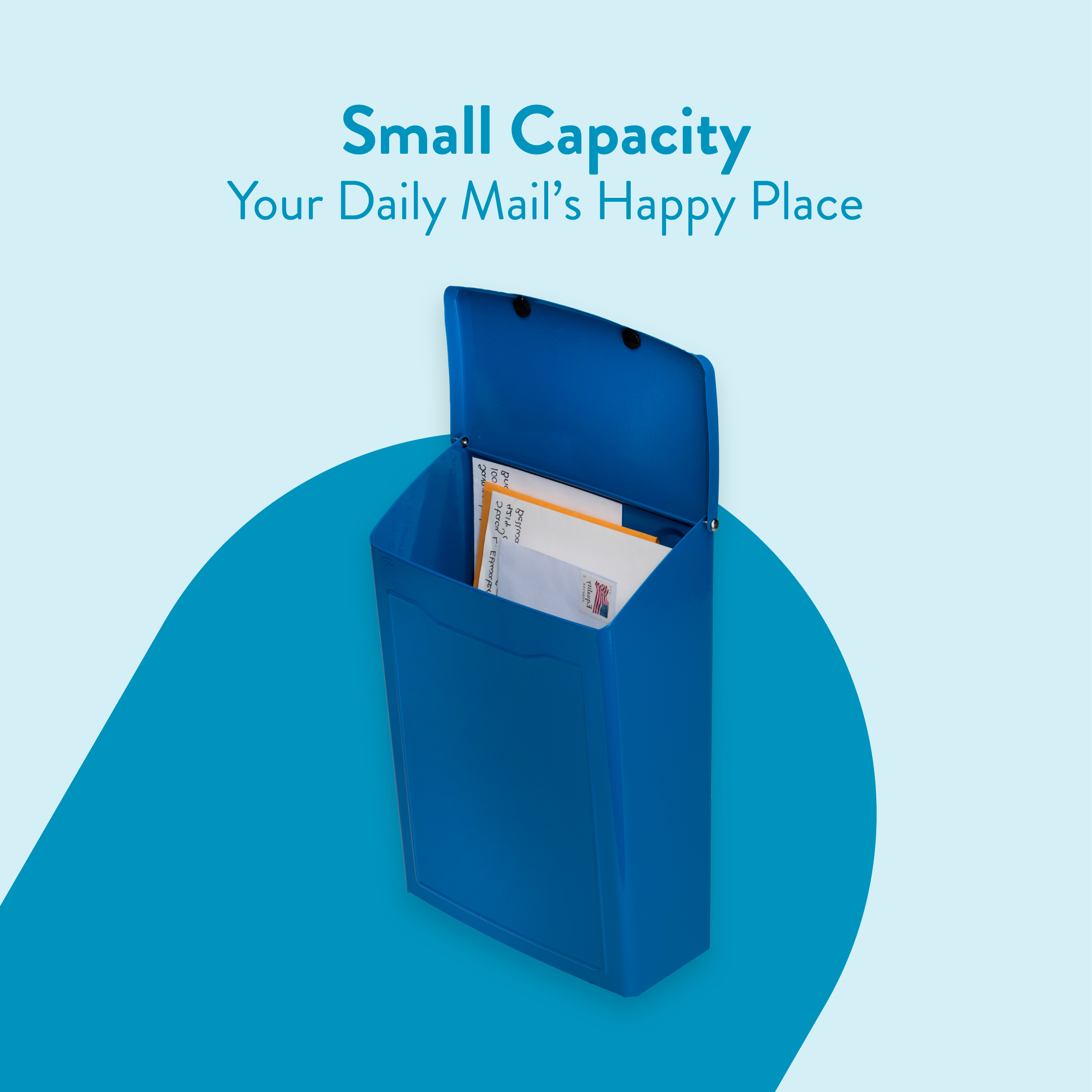 Blue mailbox-style mailer with letters inside, against a light blue background with curved teal shape; caption reads 'Small Capacity' and 'Your Daily Mail’s Happy Place'
