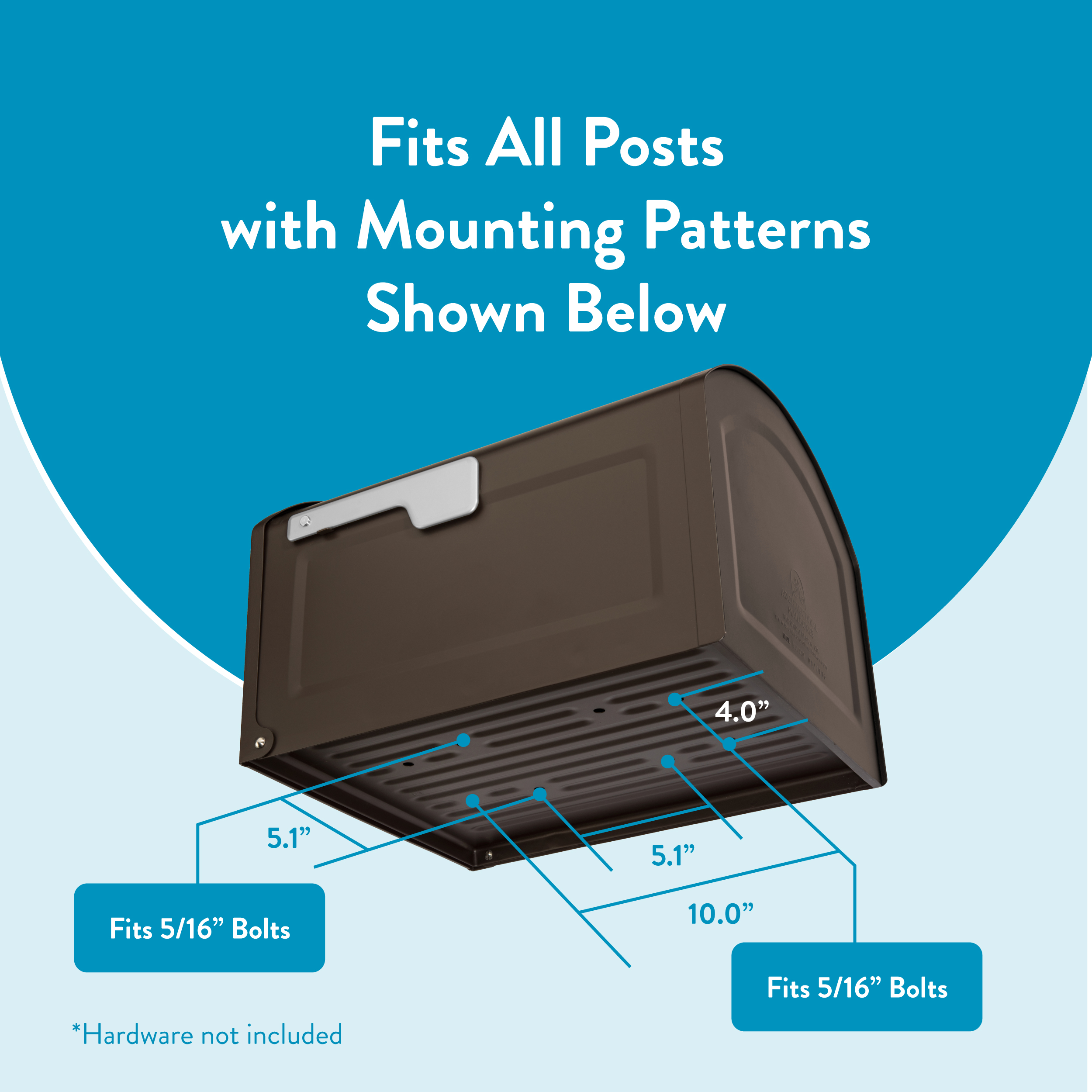 Diagram of mounting patterns for the enclosure, showing bolt hole spacings: two 5.1" patterns and a 10.0" span, with a 4.0" dimension, and labels 'Fits 5/16" Bolts' on both ends; hardware not included.