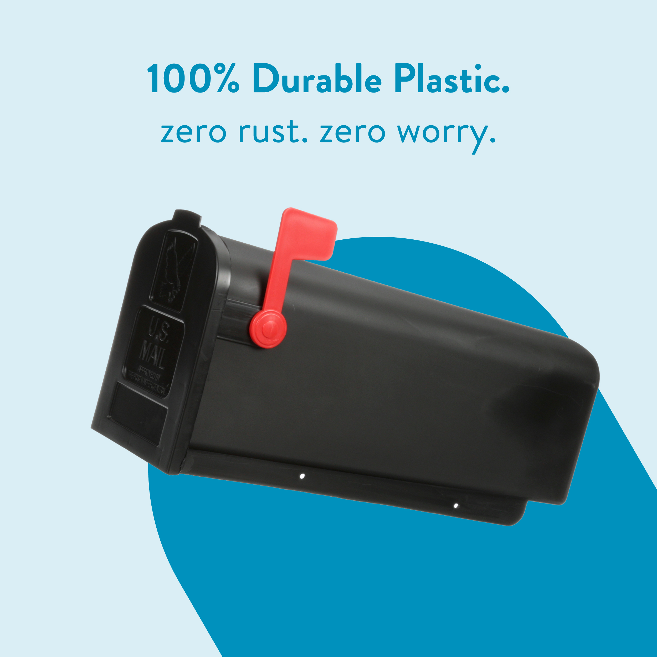Advertisement for a durable plastic mailbox: black mailbox with red flag on a light blue background.