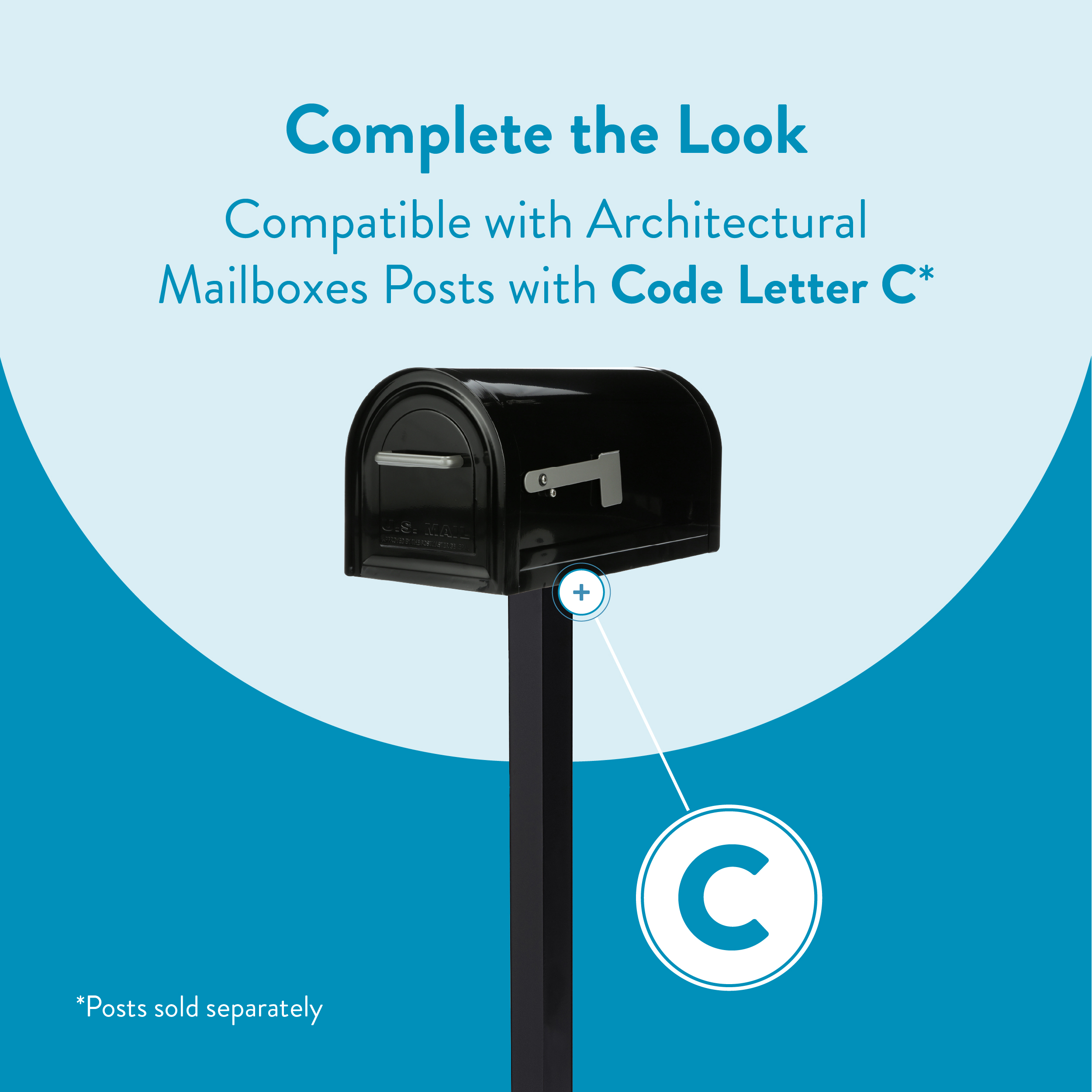 Black mailbox on a post with a Code Letter C badge, promoting compatibility with Architectural Mailboxes posts.