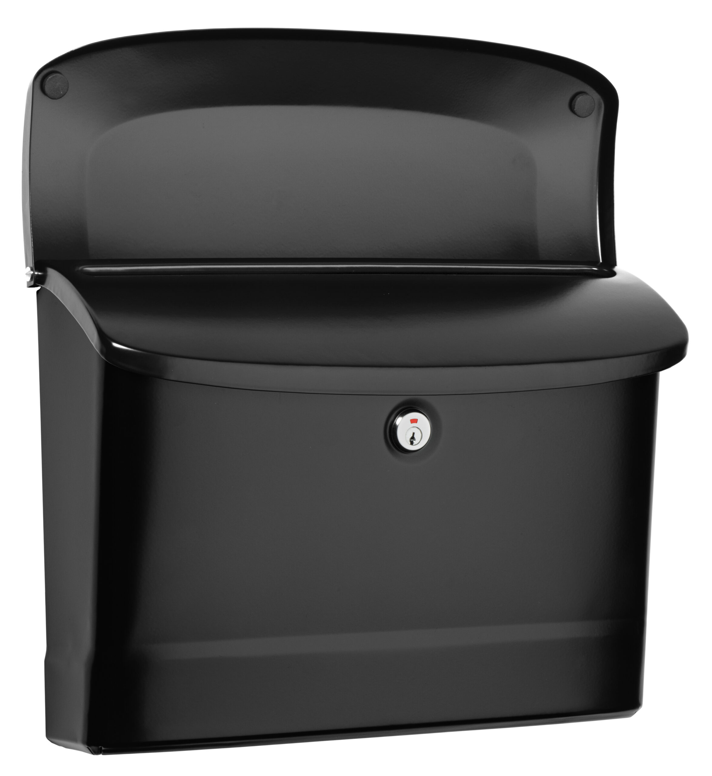 Black metal outdoor mailbox with curved lid open and a central lock knob