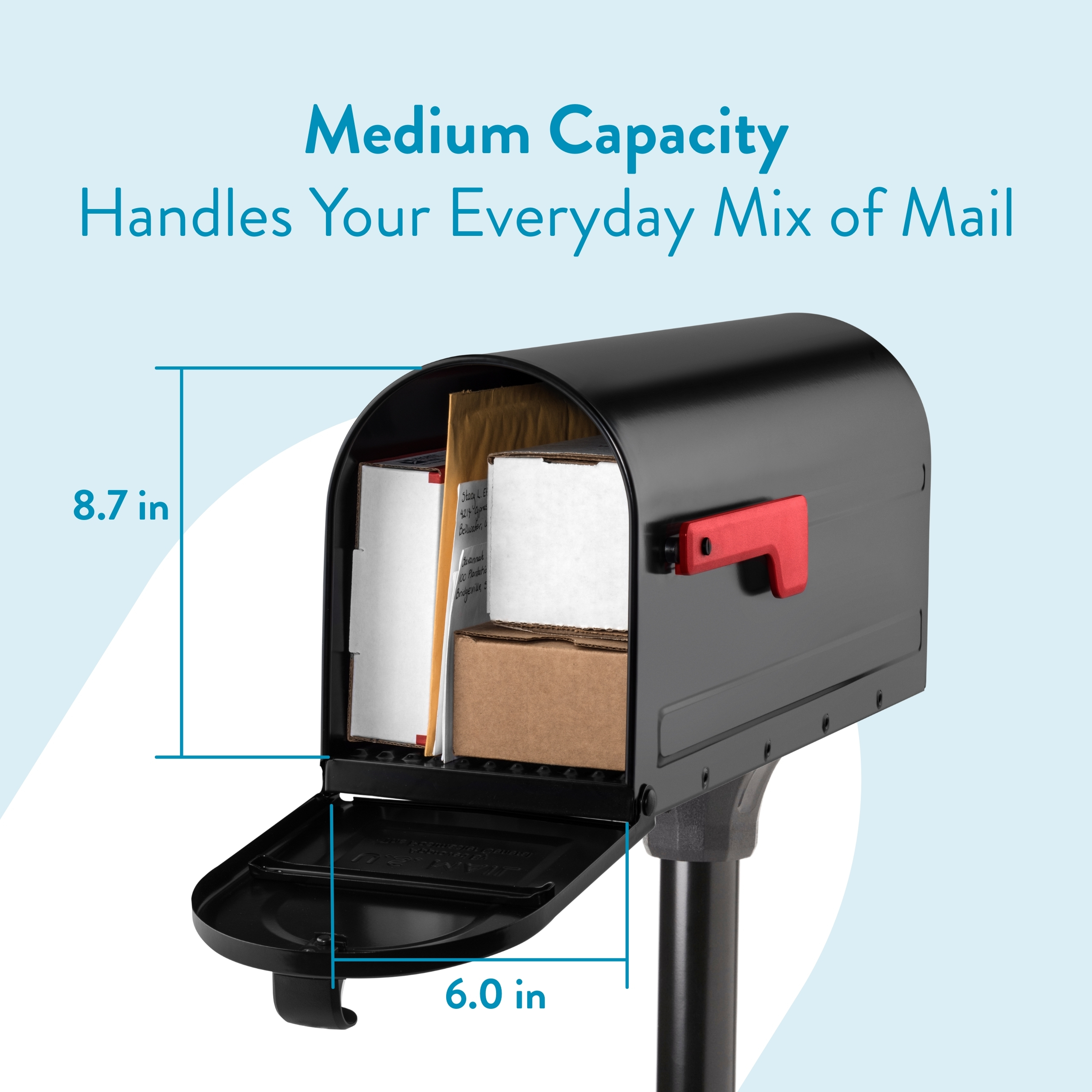 Black mailbox on a post, open with mail and small parcels inside; shows 8.7 in tall by 6 in wide dimensions (medium capacity).