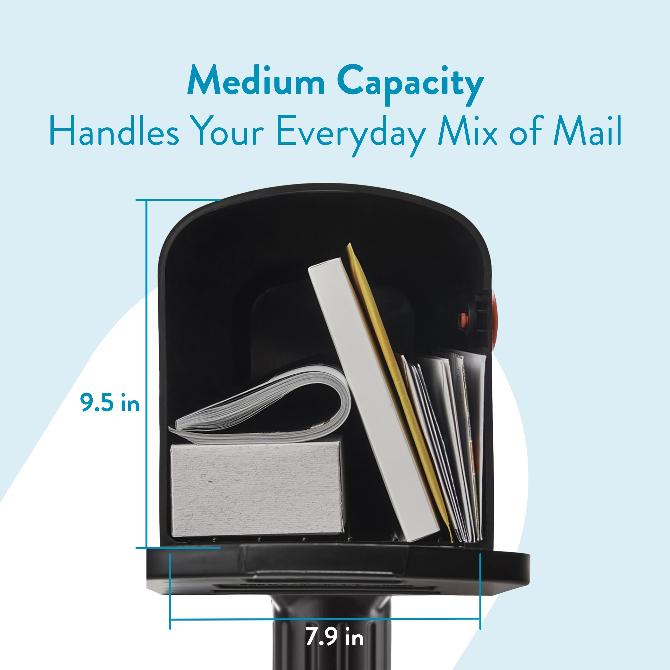 Medium-capacity mailbox filled with letters and documents; shows dimensions 9.5 in high by 7.9 in wide for everyday mail.
