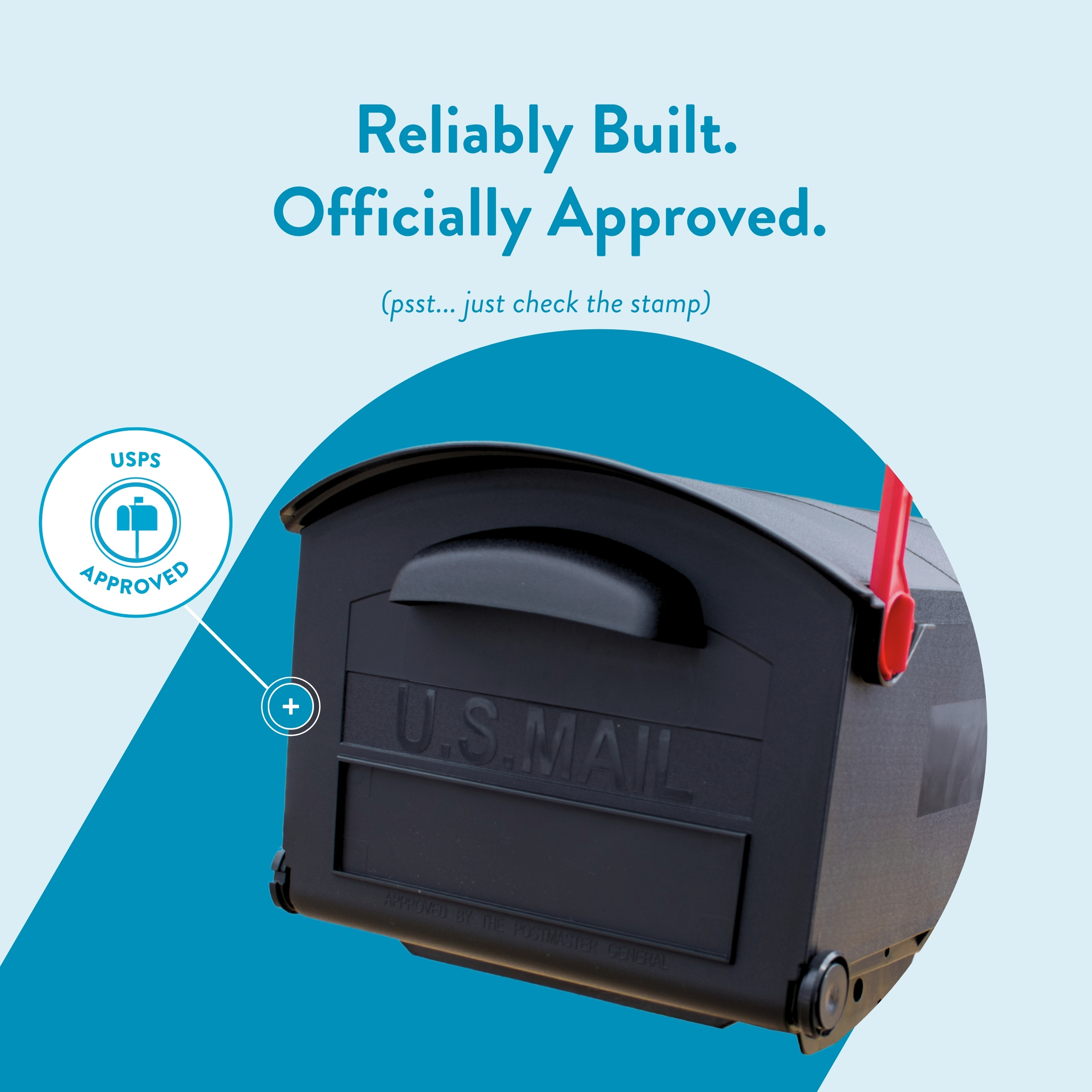 Graphic showing a USPS mailbox with an 'Approved' stamp and the headline 'Reliably Built. Officially Approved.'