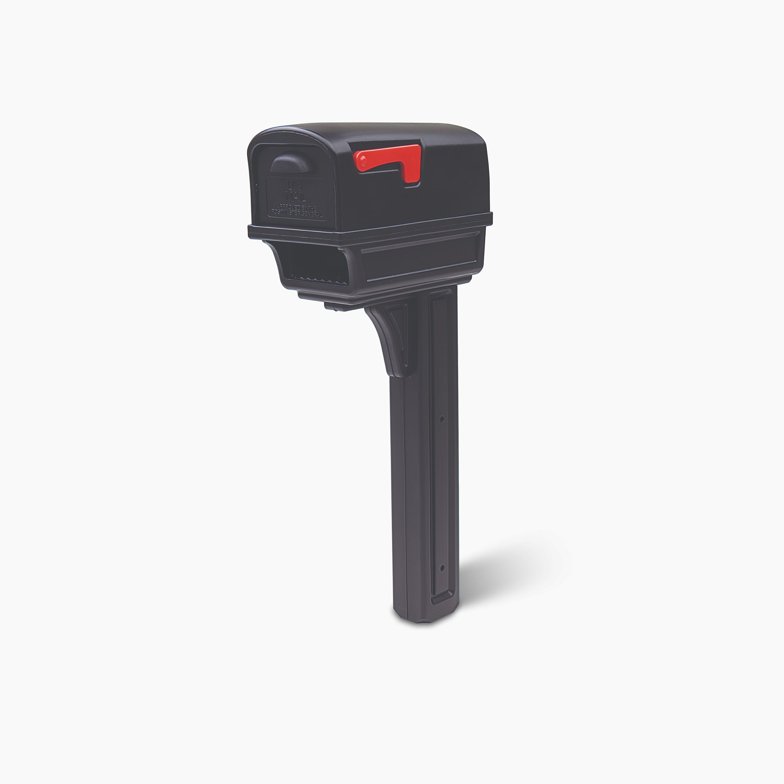 Black mailbox with a red flag mounted on a tall post, isolated on a white background.
