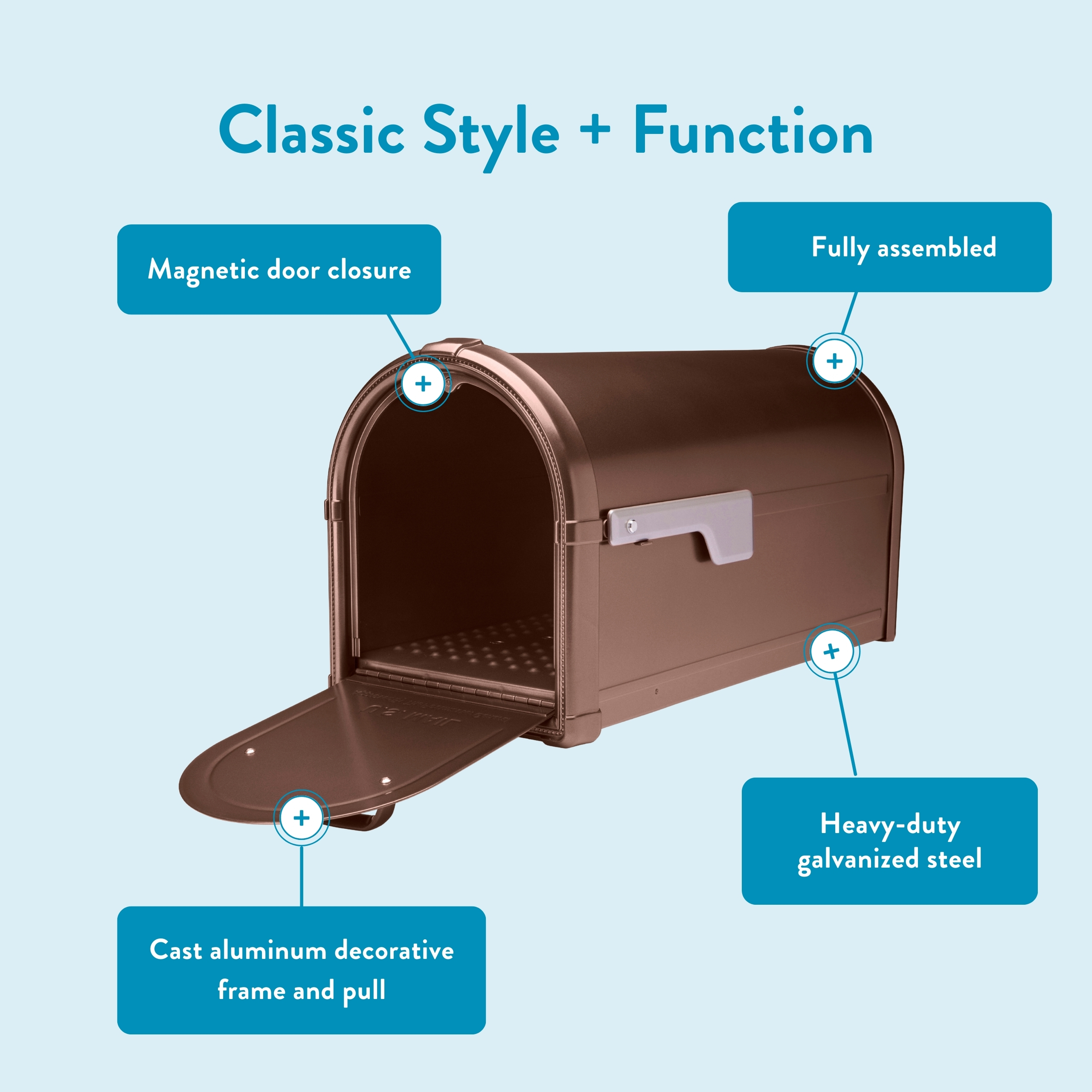 Infographic of a brown curved-top mailbox with blue callouts noting magnetic door closure, fully assembled, cast aluminum decorative frame and pull, and heavy‑duty galvanized steel.