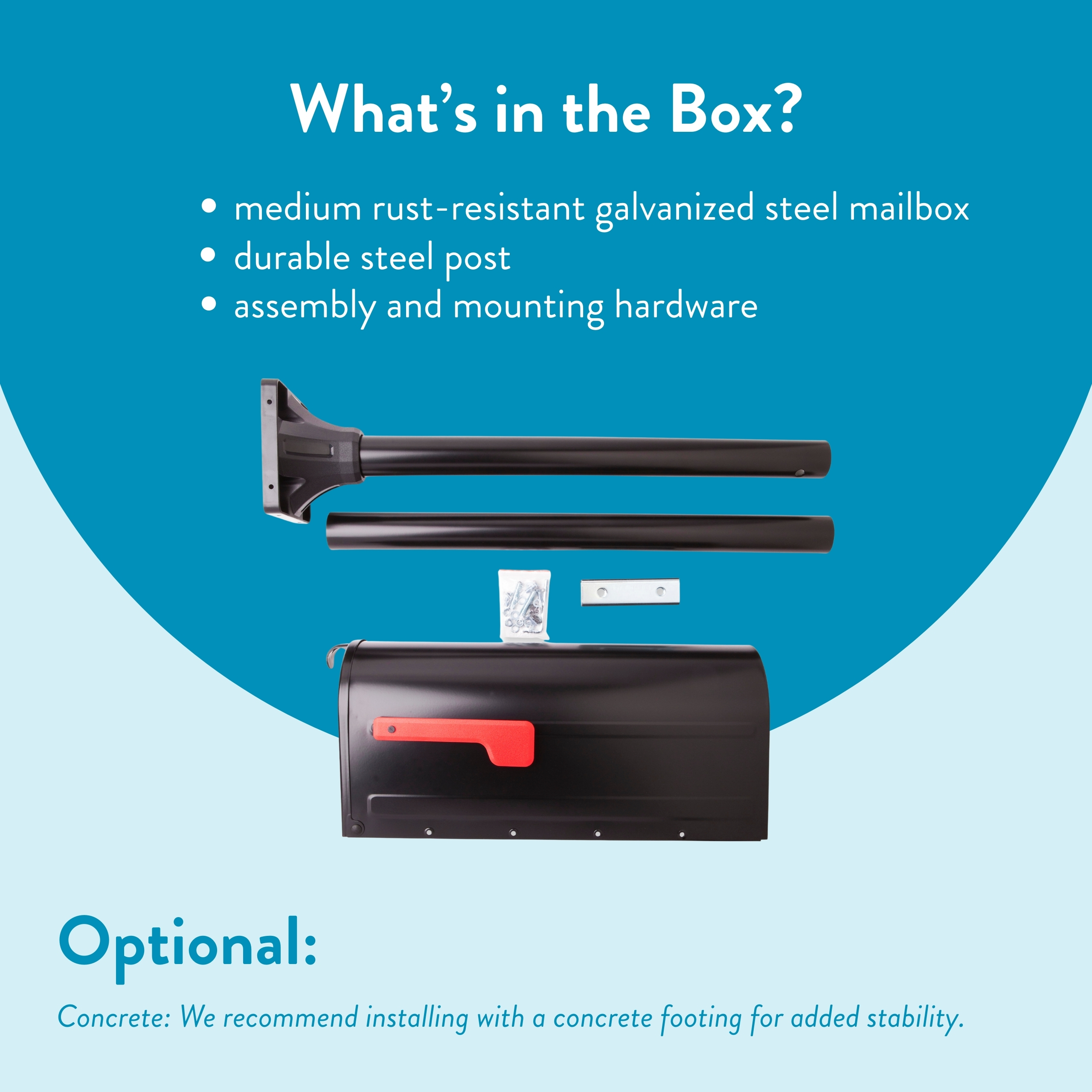 Infographic listing mailbox kit contents: galvanized steel mailbox, steel post, and mounting hardware.