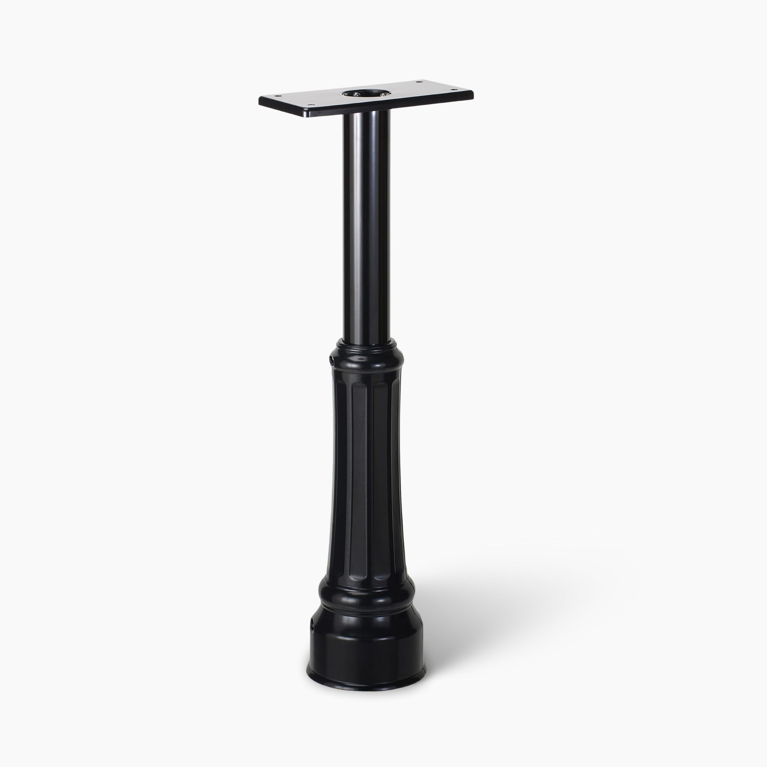 Tall black metal pedestal stand with a circular base and a small flat mounting plate on top, likely a support column for a sign or table.