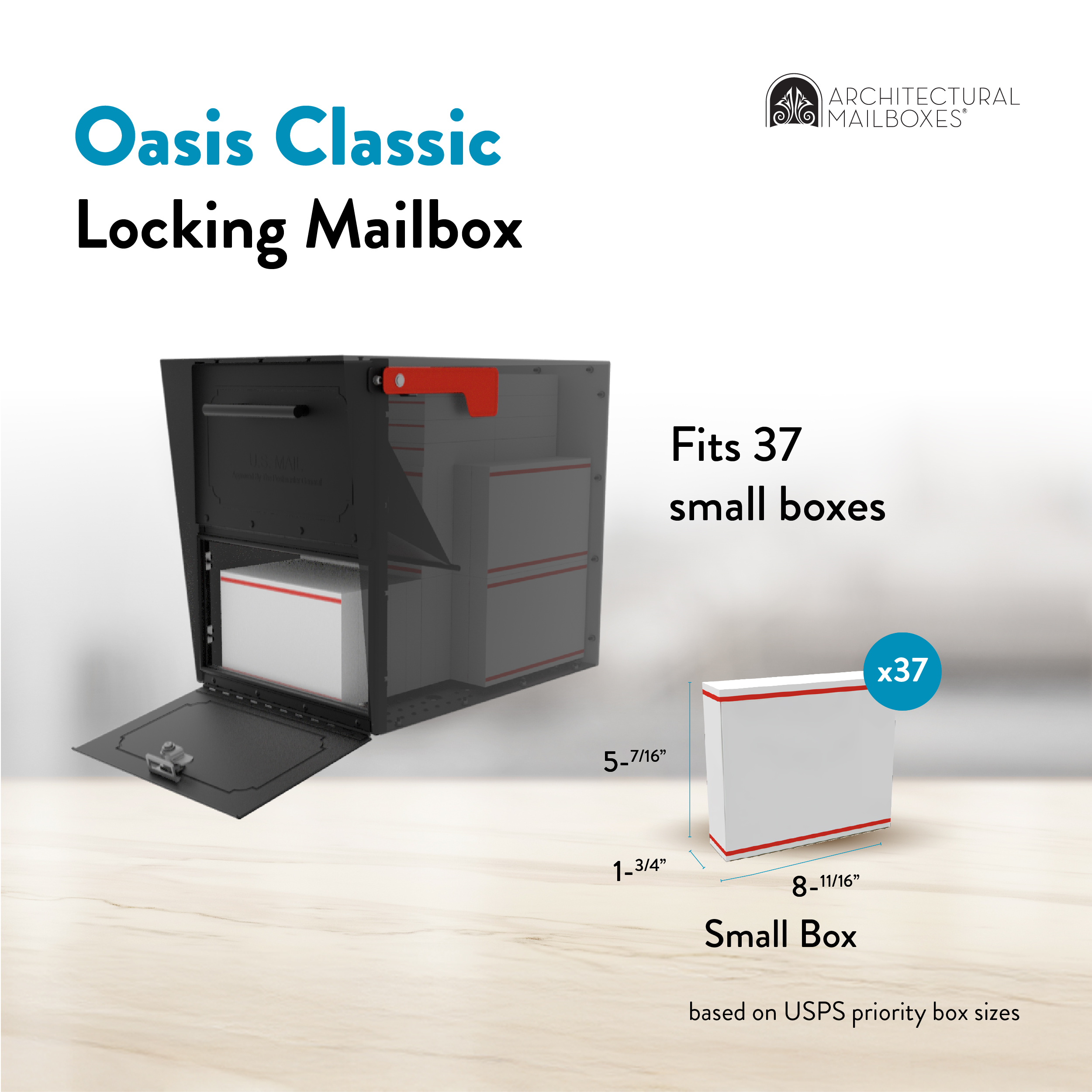 Oasis Classic locking mailbox by Architectural Mailboxes with a red latch, shown holding 37 small USPS size boxes.