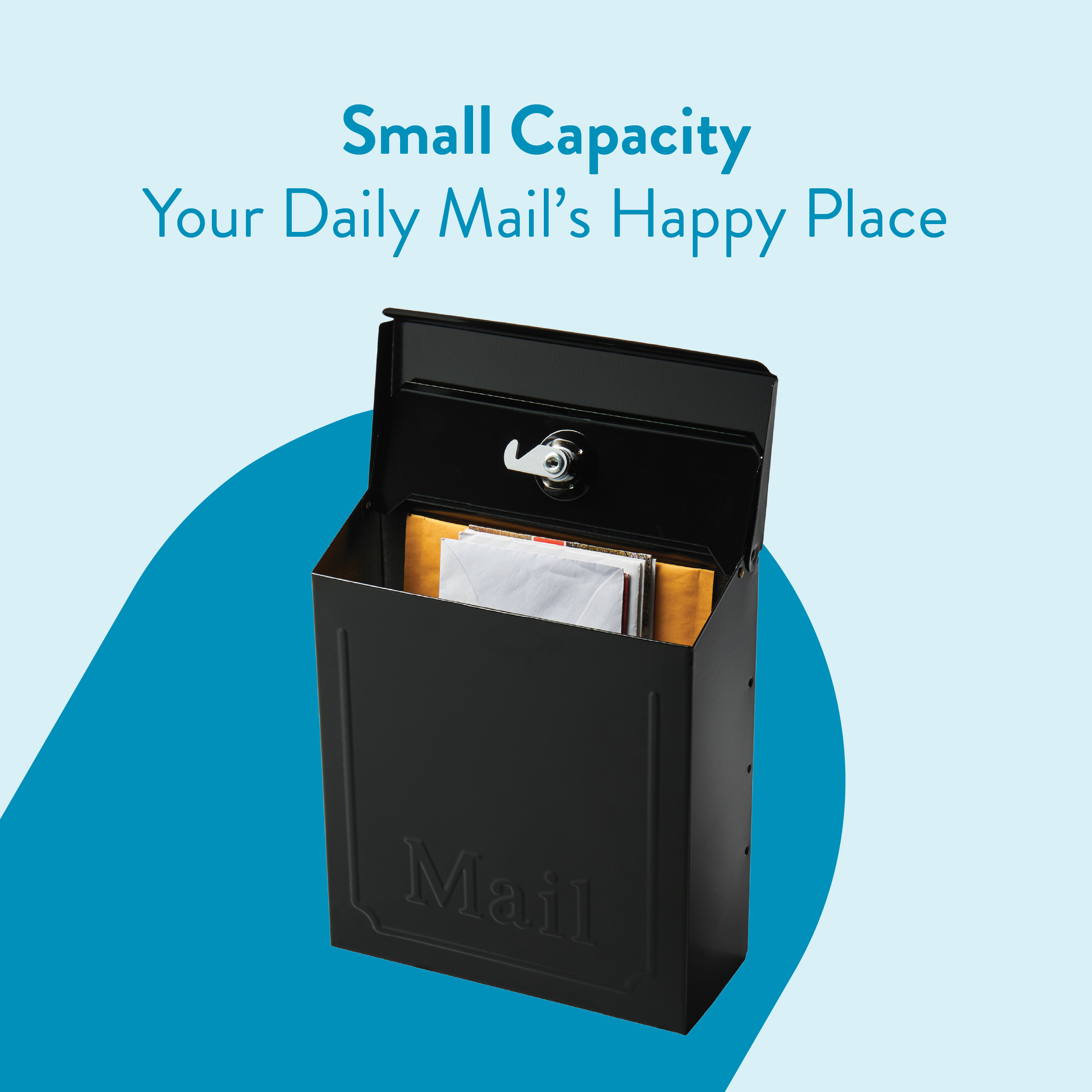 Open black mailbox filled with envelopes on a light blue background with a dark blue curved shape; text above reads 'Small Capacity Your Daily Mail’s Happy Place'