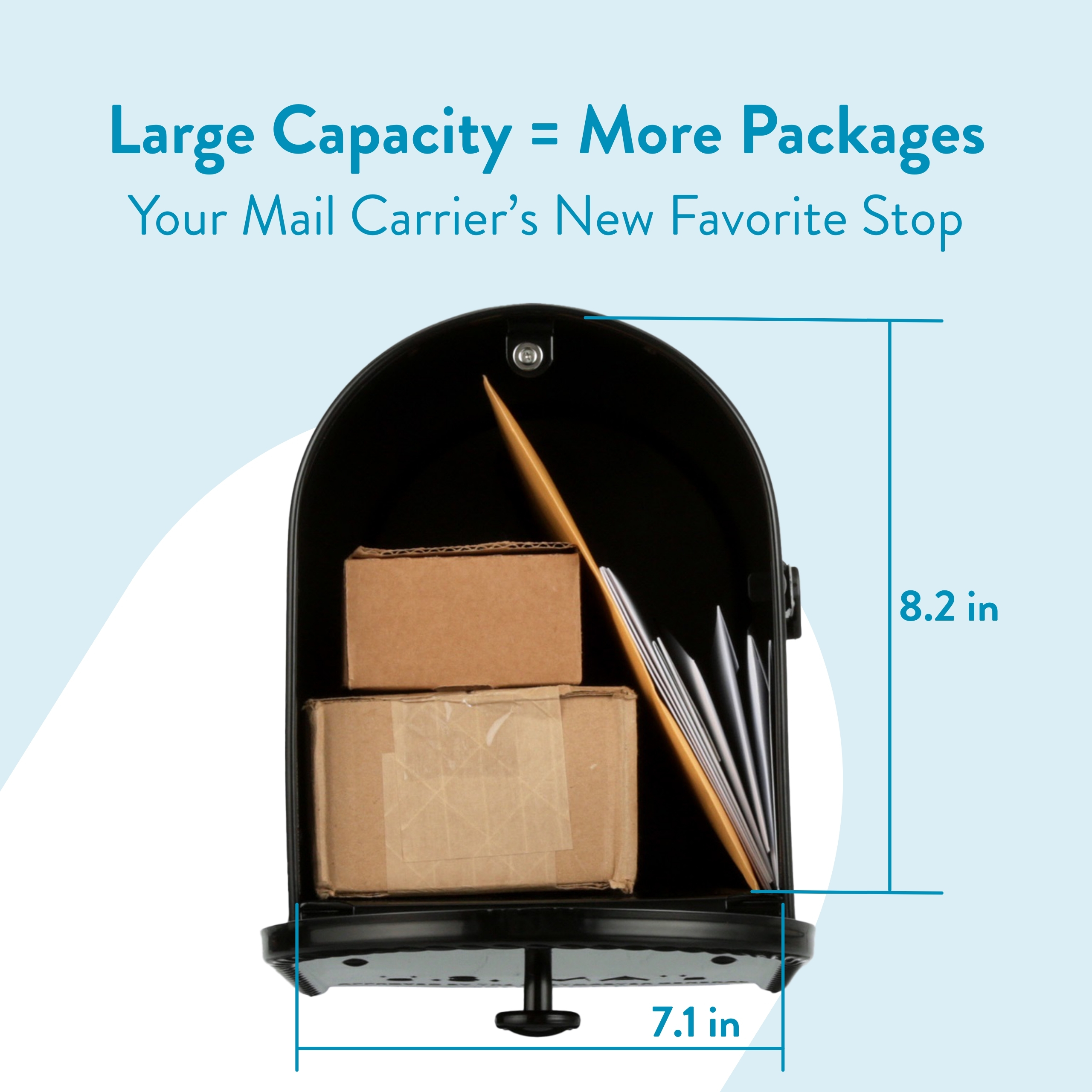 Promotional image of a black mailbox filled with two cardboard boxes and letters, with blue measurement lines labeled 8.2 in tall and 7.1 in wide (large capacity).
