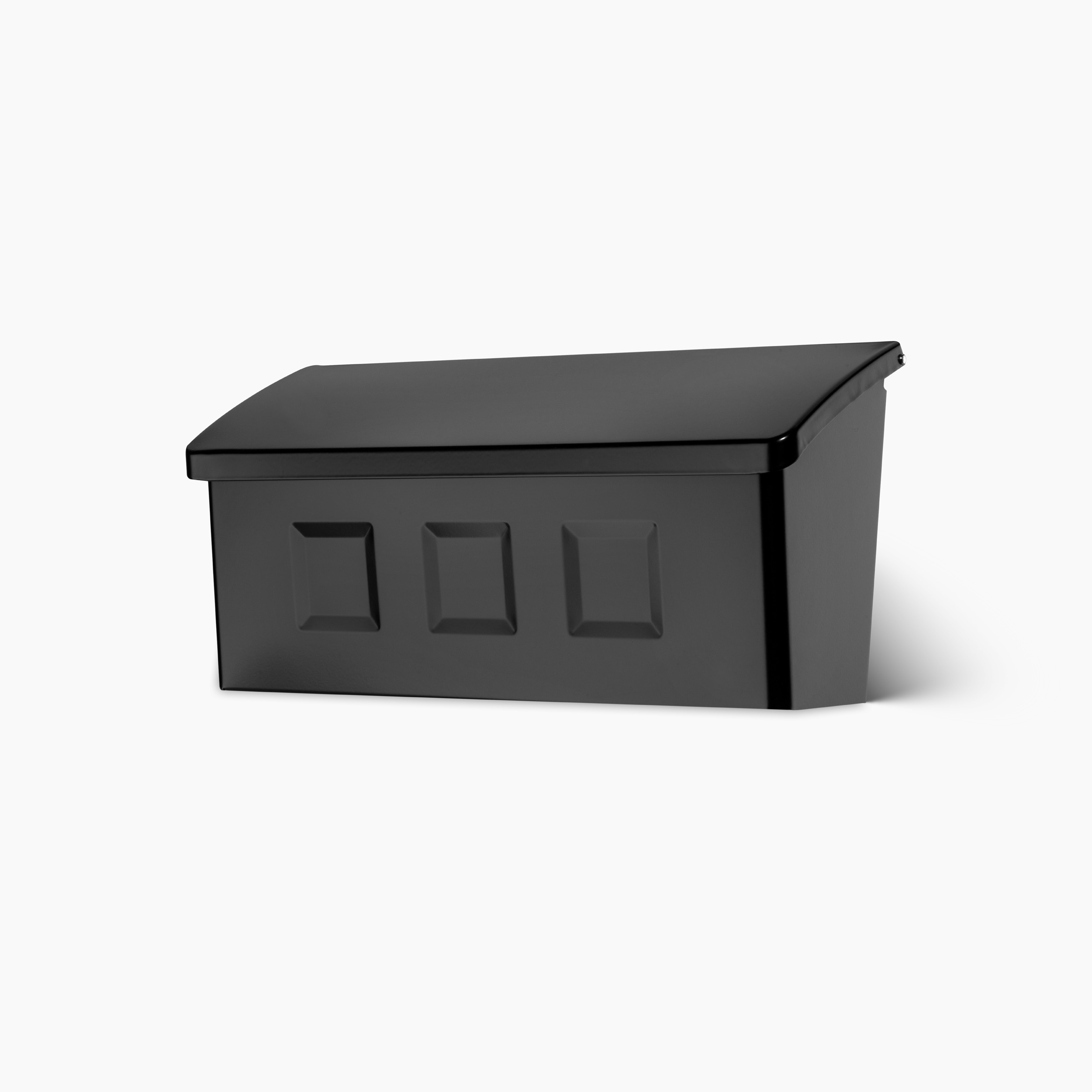 Black rectangular storage box with a hinged lid and three square panel details on the front side.