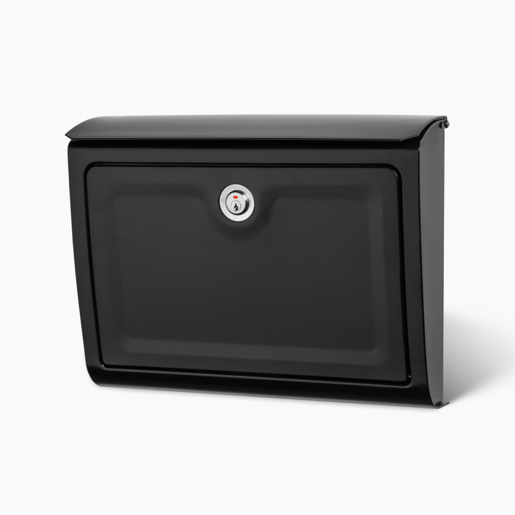 Black metal safe with a round key lock on the front, set against a white background.
