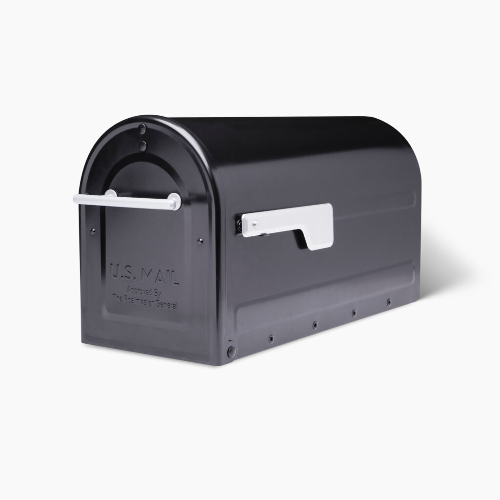 Black curved-top US Mail mailbox with a white flag lever on the side.