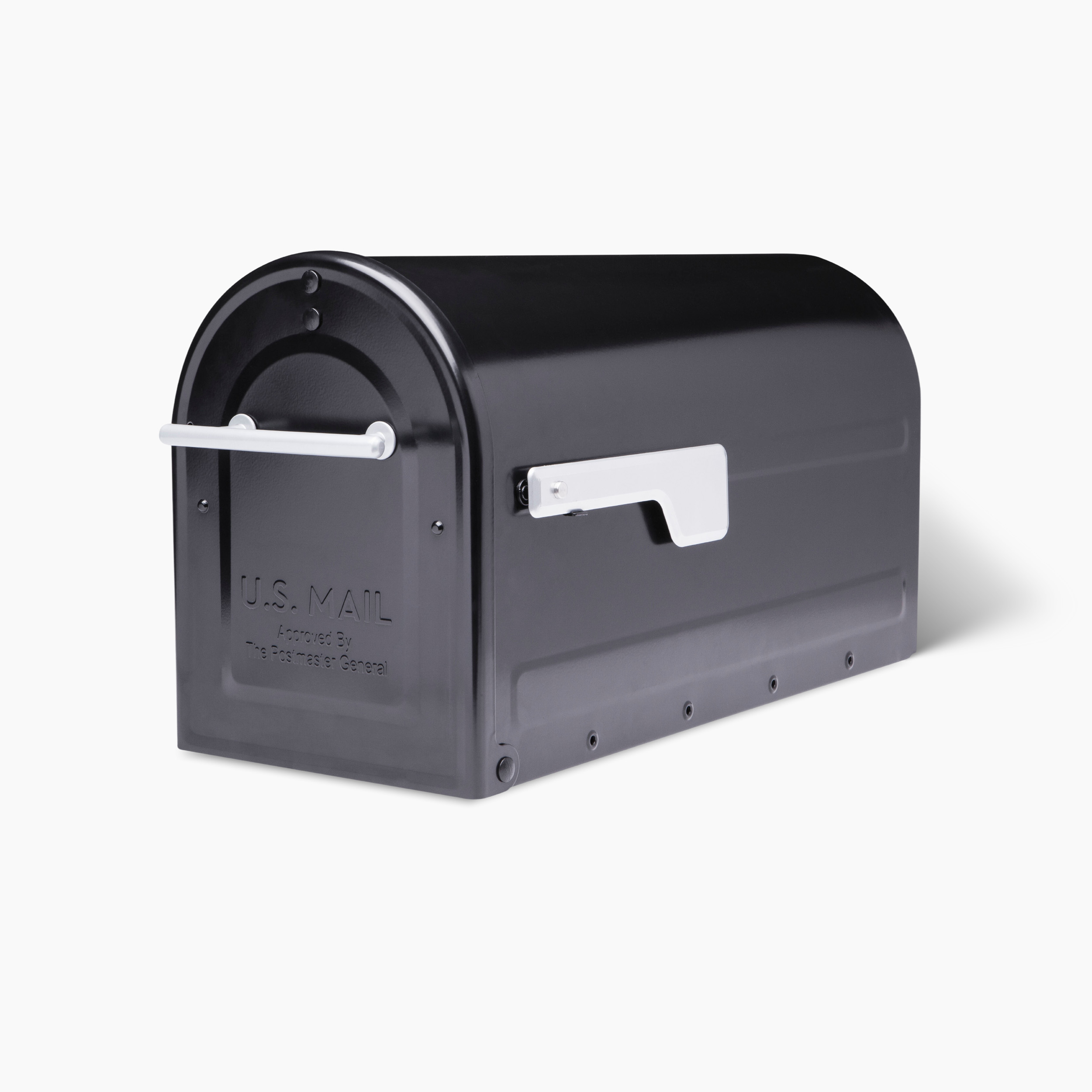 Black curved-top US Mail mailbox with a white flag lever on the side.