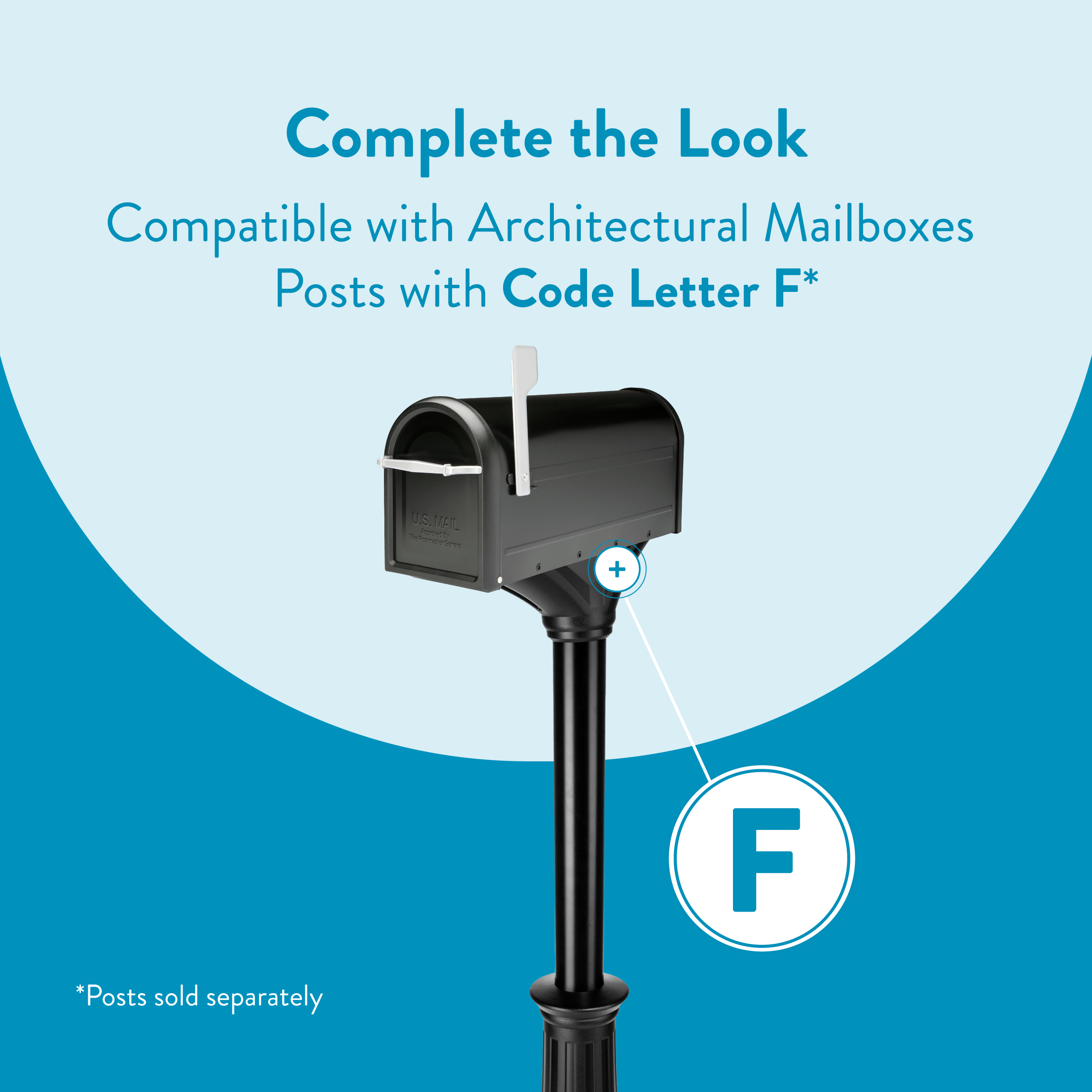 Promotional banner showing a black mailbox on a post with large blue text and a note reading 'Posts sold separately'.