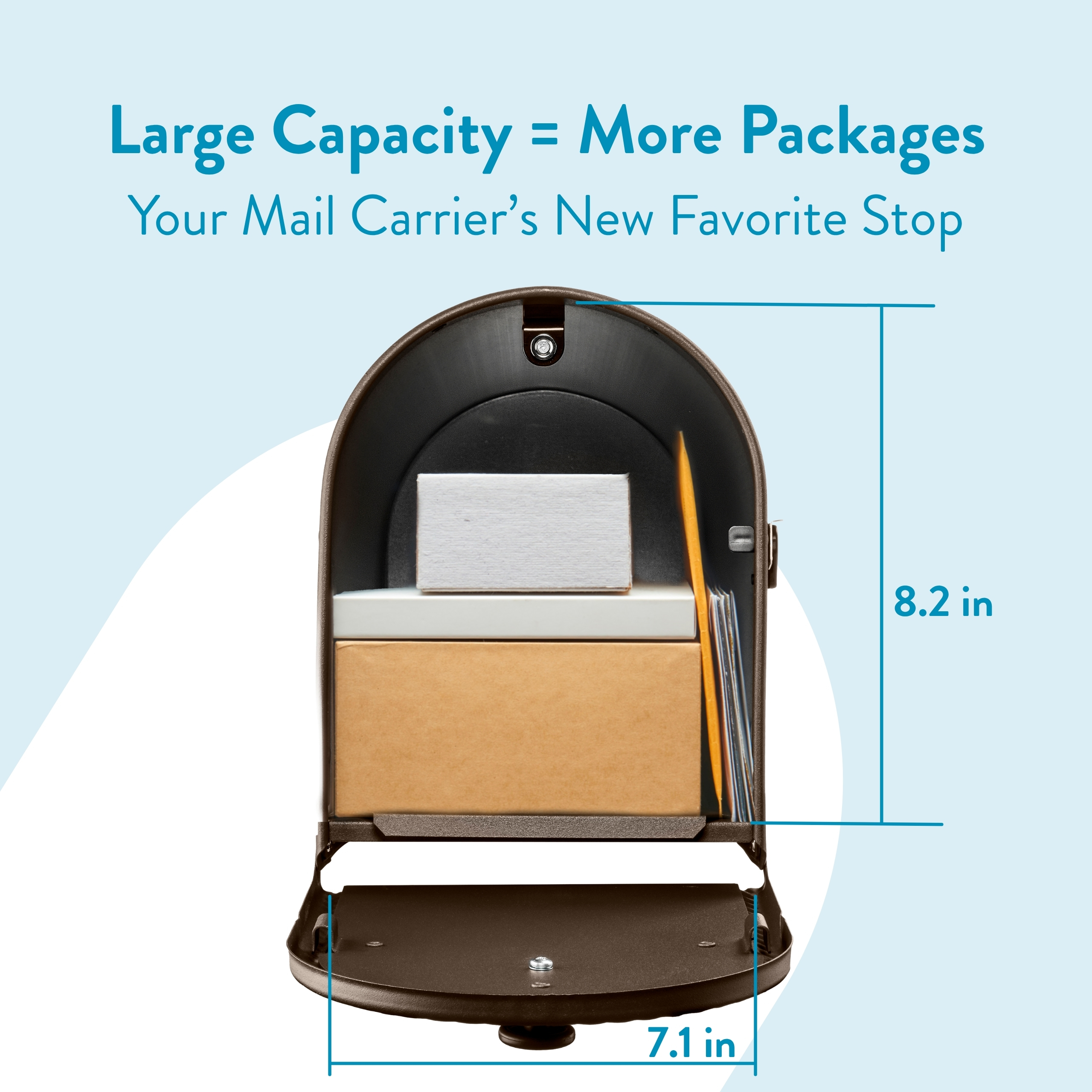 Open mailbox filled with stacked boxes and files, conveying high capacity; caption reads 'Large Capacity = More Packages'. 8.2 in tall and 7.1 in wide dimensions shown.
