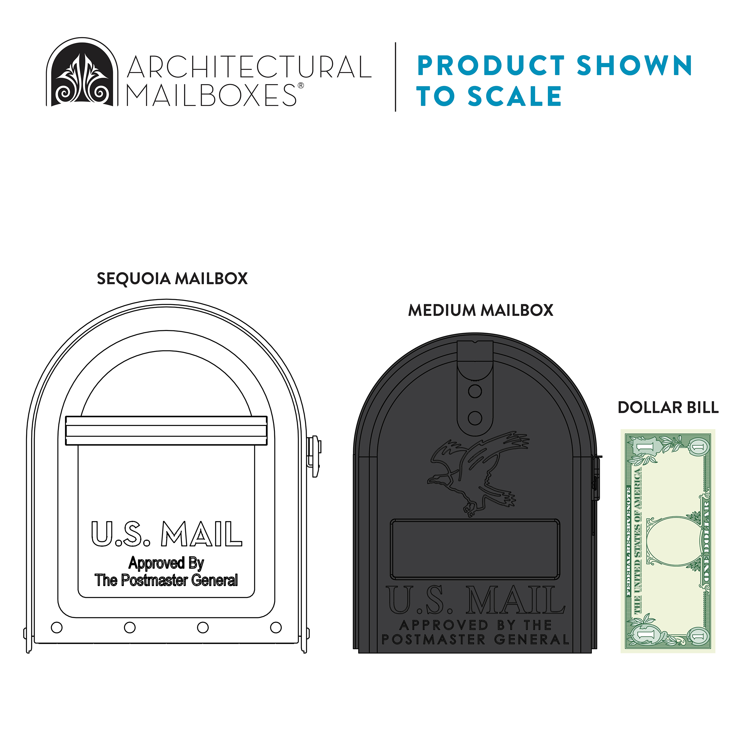 Product lineup showing Sequoia and Medium mailboxes with a dollar bill for scale