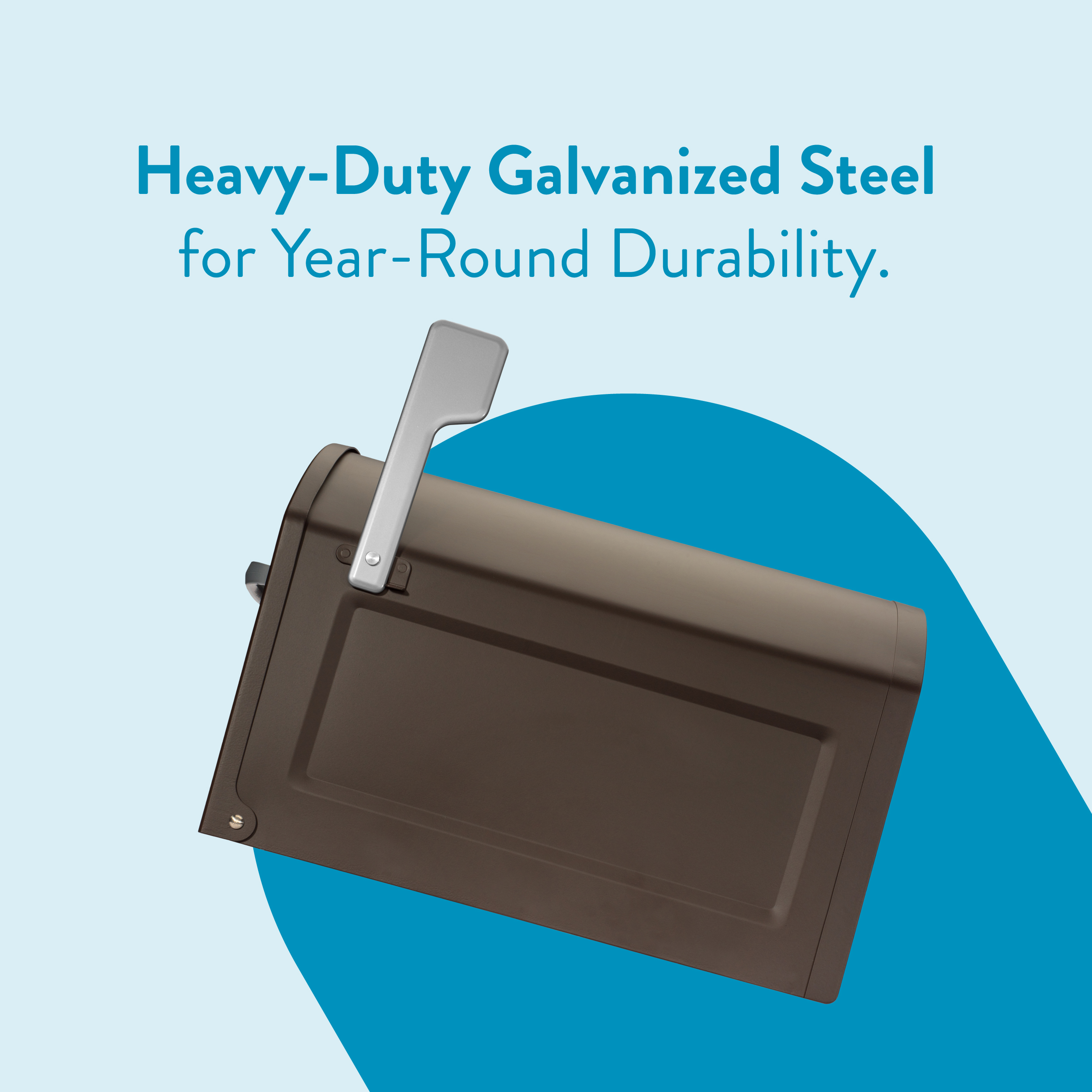 Brown metal mailbox door with a silver lever mounted on its side, set against a light blue background with a blue arc shape for contrast.