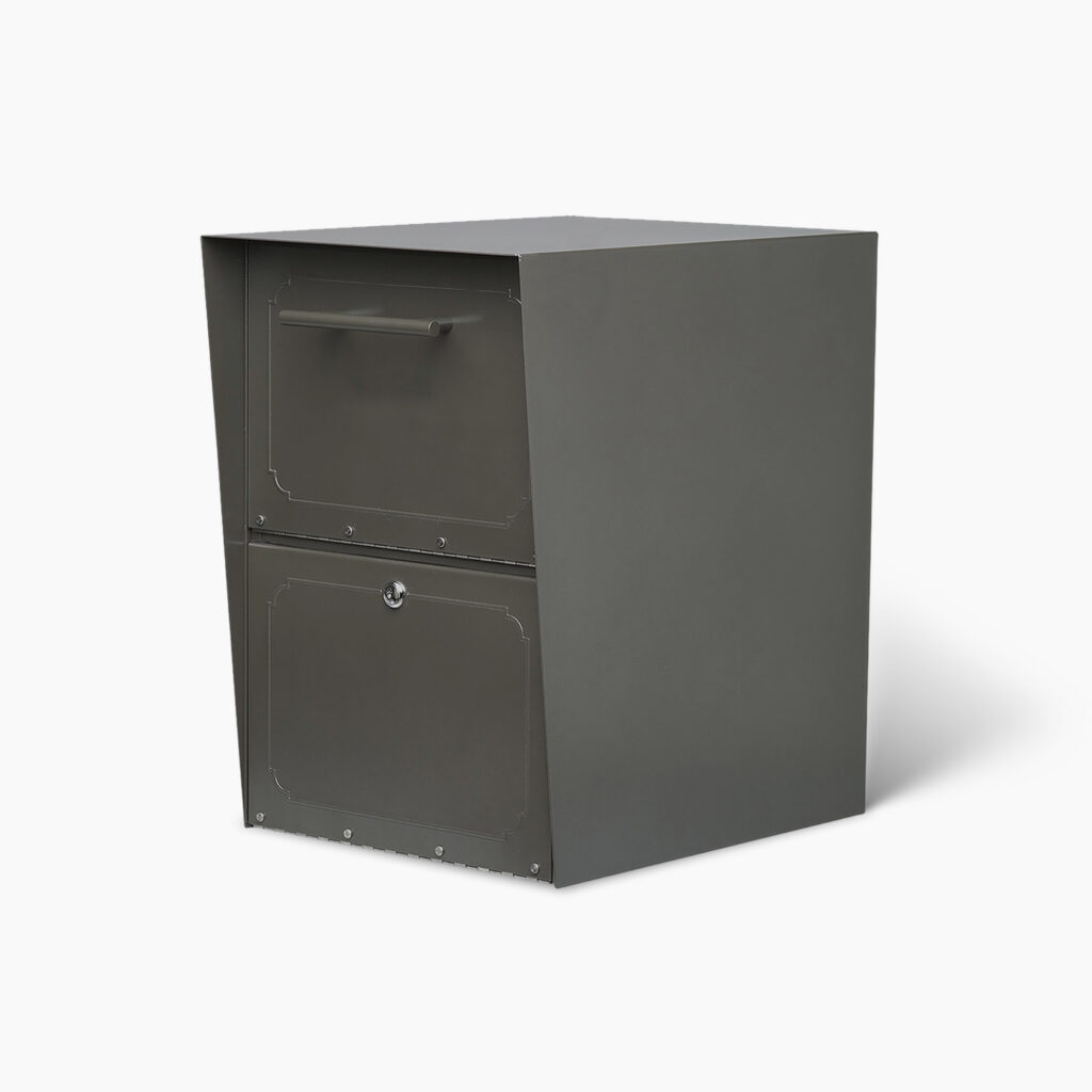 Dark gray metal safe with a front door, horizontal handle, and two decorative panels, set against a white background.