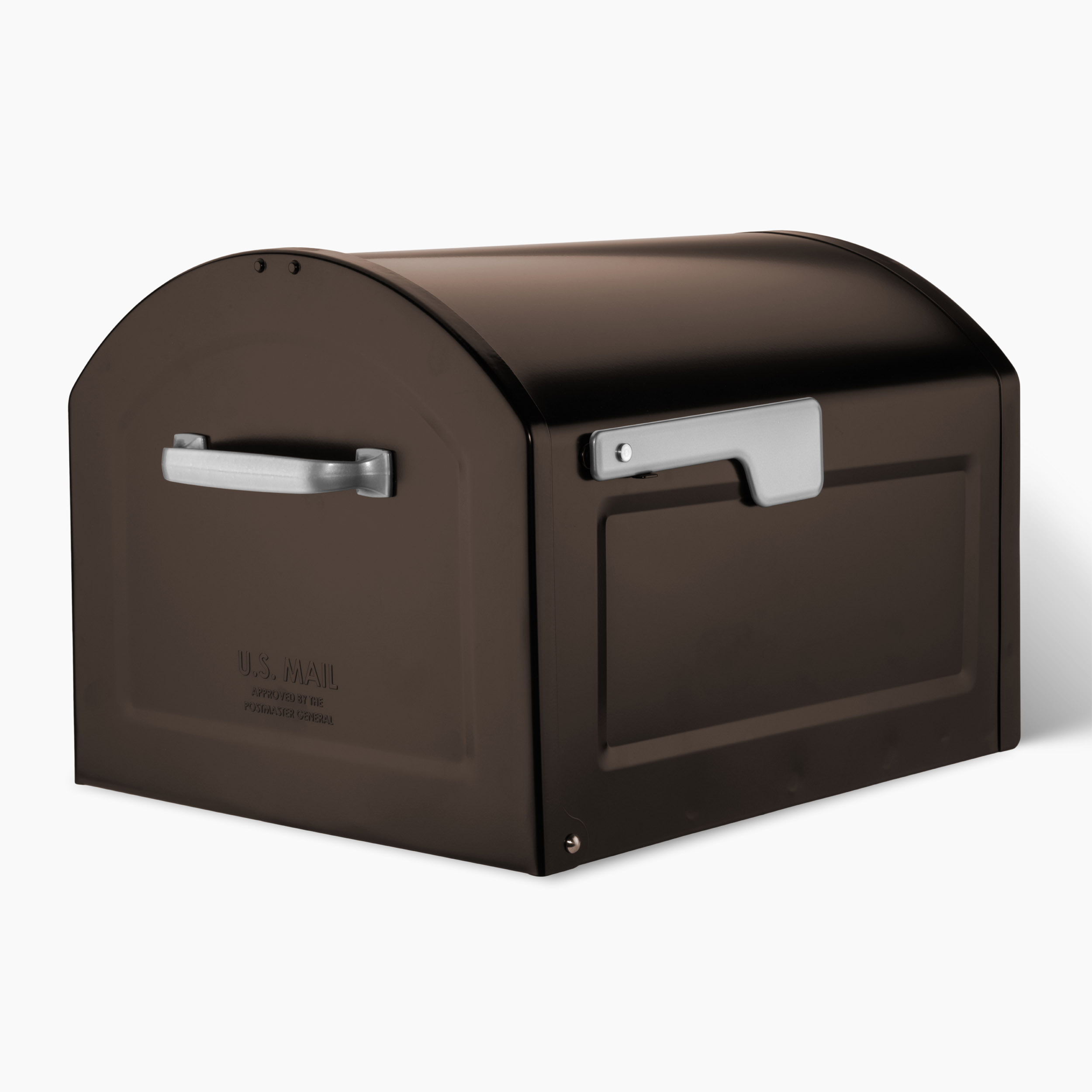 Brown metal mailbox with a curved top and silver handles, shown from the side.