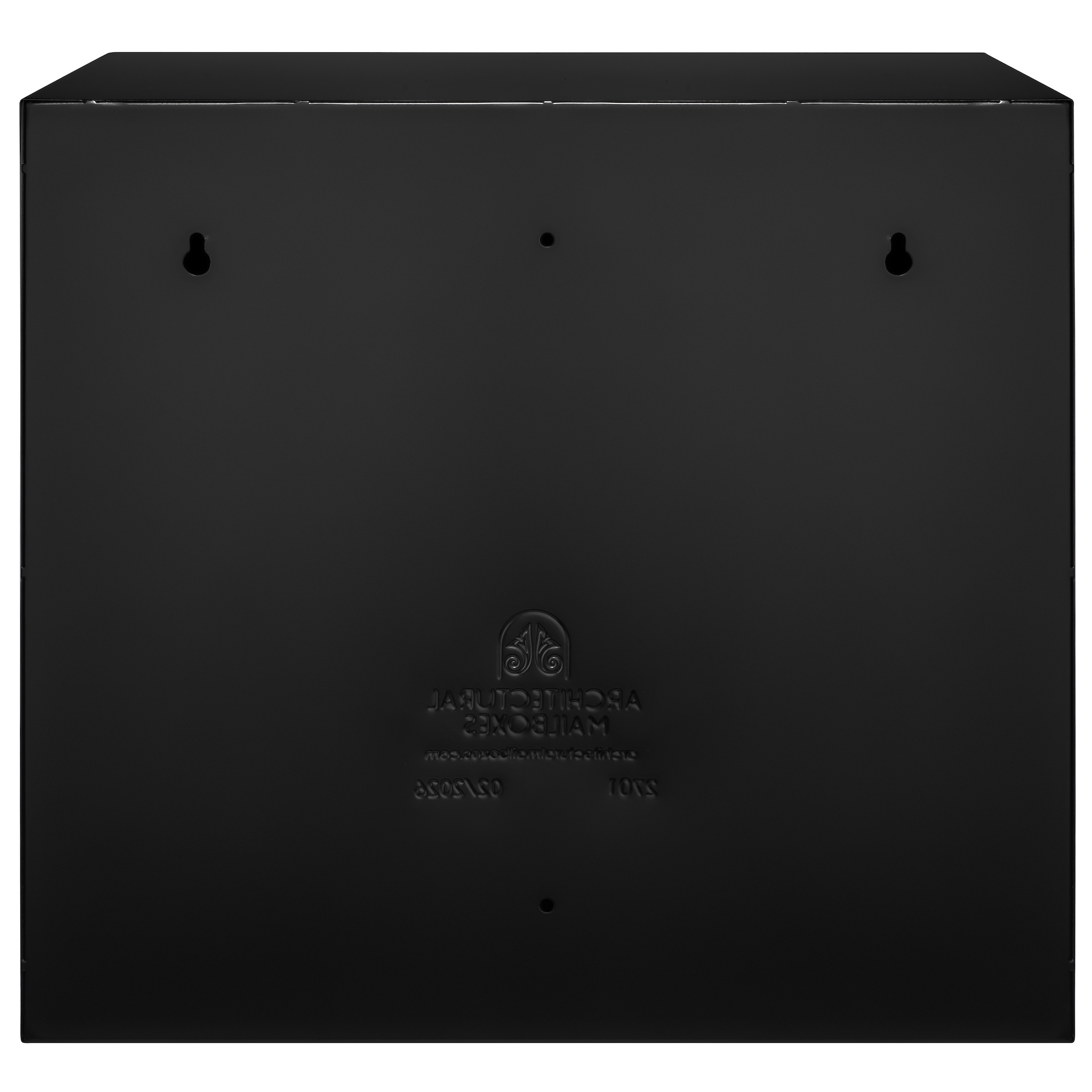Back view of a matte black metal cabinet with two keyhole locks and a small centered hole, featuring embossed text toward the bottom edge (partially visible).