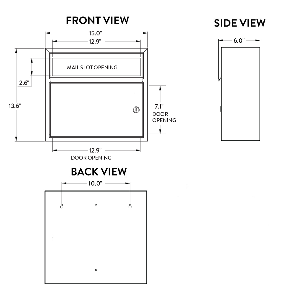 Front view of a wall-mounted mail-slot cabinet with a mail slot opening and a lower door; side and back views show depth and mounting points.