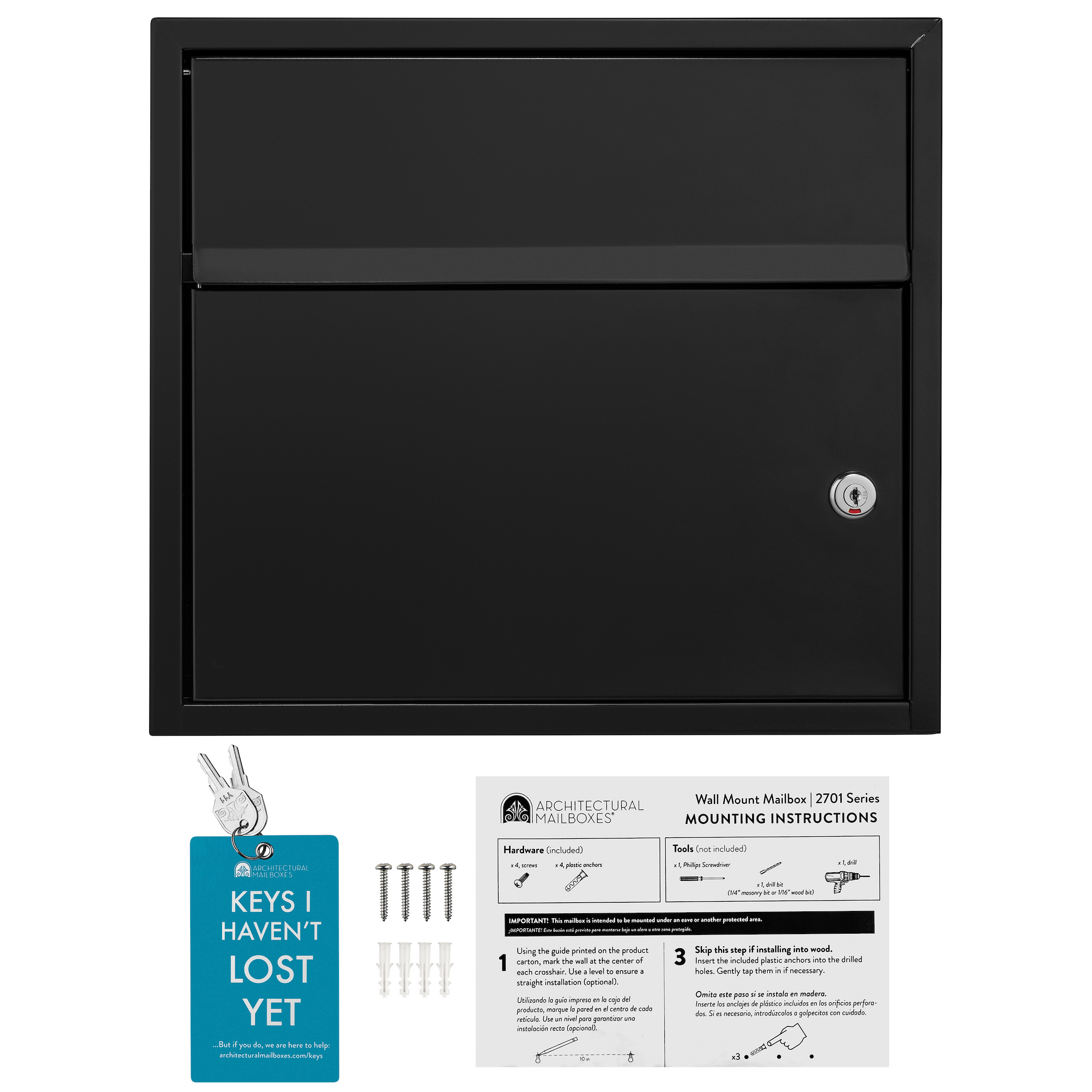 Front view of a black wall-mounted mailbox with a lock, accompanied by installation hardware and an instruction sheet.