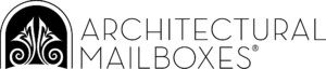 Architectural Mailboxes logo: black arch emblem with decorative fleur-de-lis motif and the brand name in thin, tall lettering.