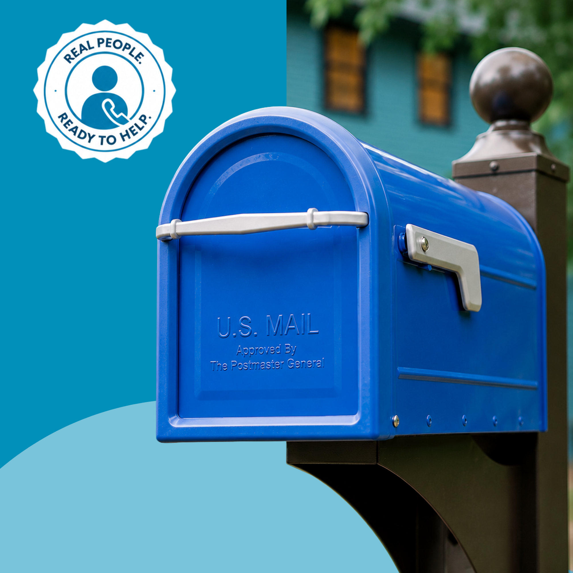 Blue USPS mailbox on the right with a teal background and a 'Real People. Ready to Help' seal on the left side, in a two-tone banner image.