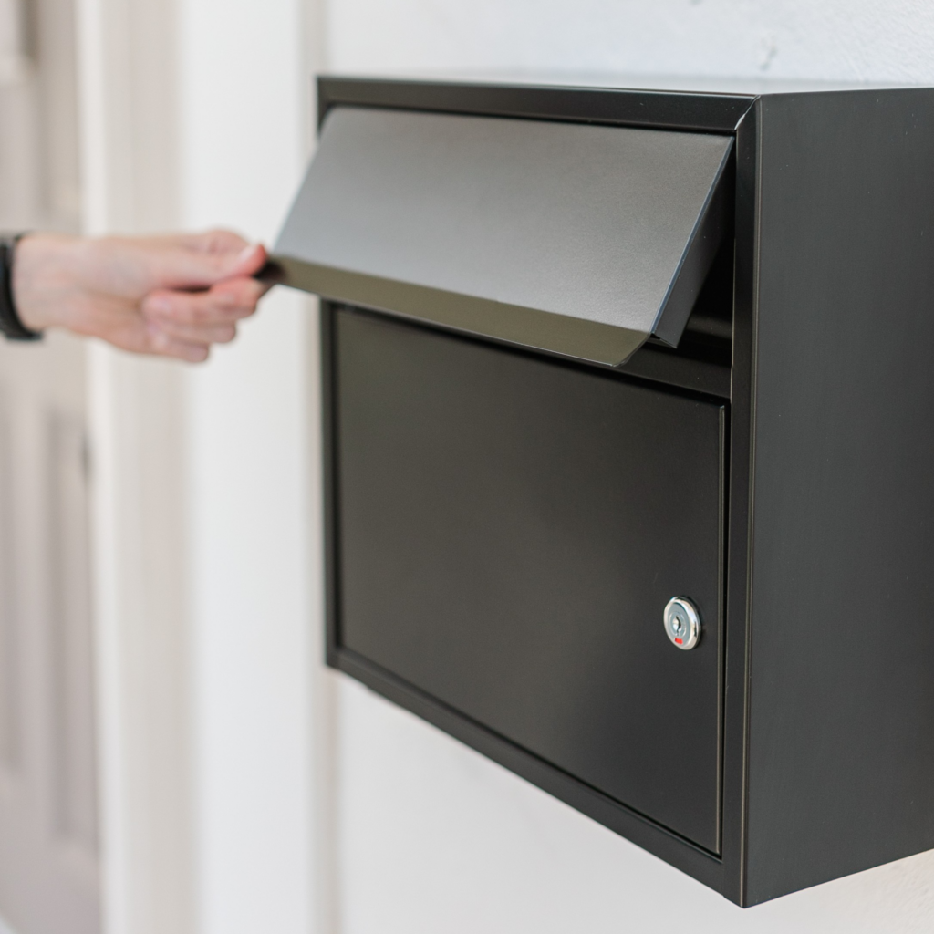 Close-up of a hand pulling down the front of a black wall-mounted mailbox to retrieve mail.