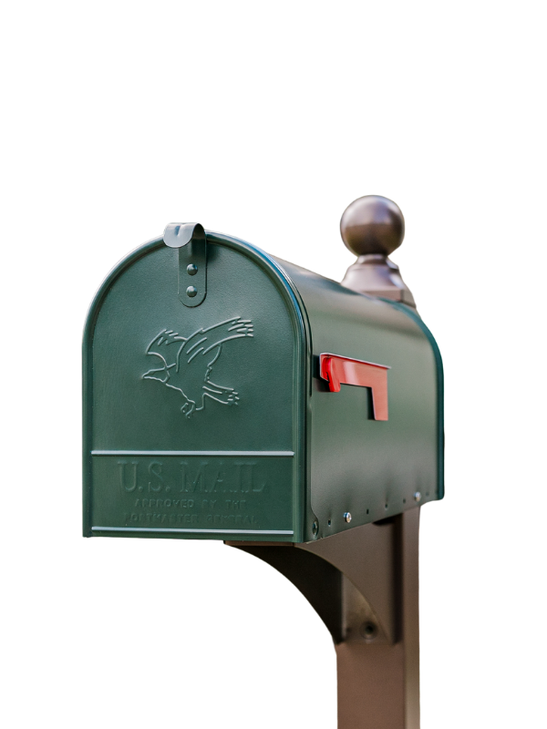 Green U.S. Mail mailbox with a raised red flag on a brown post.